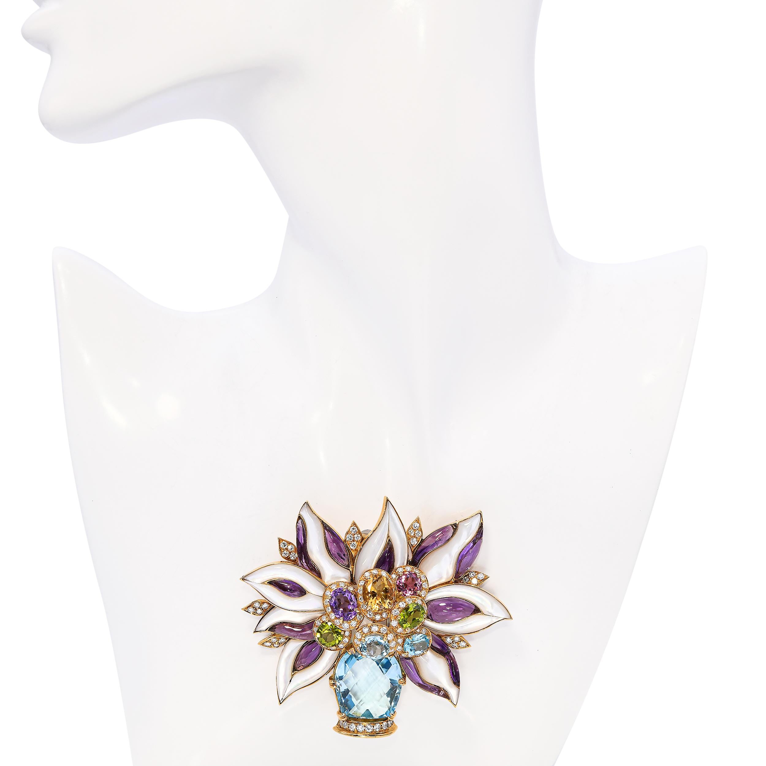 18k Yellow Gold Floral Bouquet in Vase Multi Gem Brooch