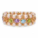 Vintage 18k Yellow Gold Pearl and Multi Color Assorted Gemstone Cuff Bracelet