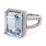 14k White Gold 8.37ct Aquamarine & Diamond Split Shank Statement Ring
