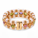 Vintage 18k Yellow Gold Pearl and Multi Color Assorted Gemstone Cuff Bracelet