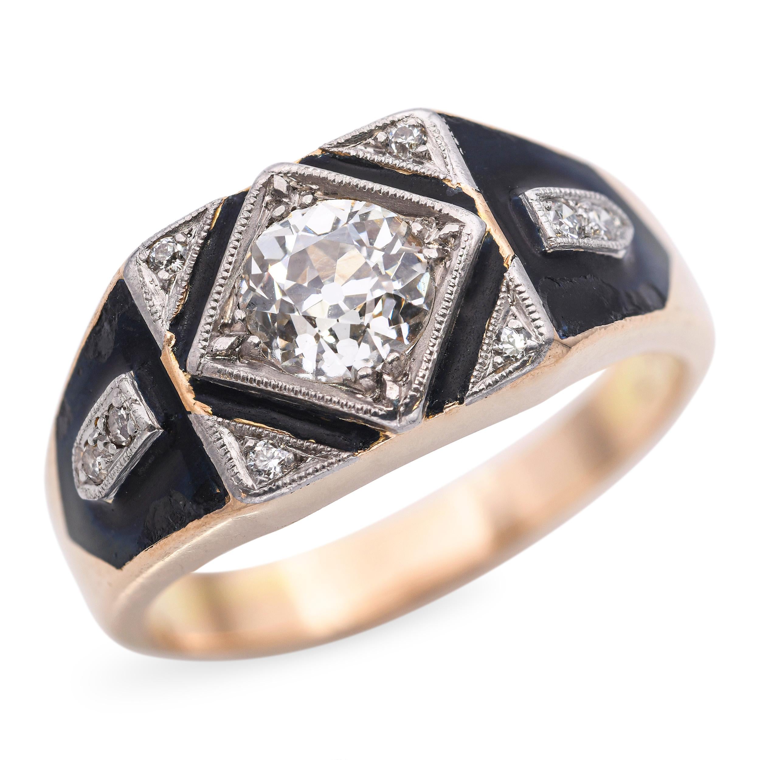 Antique Yellow Gold 1.02tcw Diamond Enamel Ring