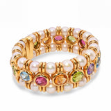 Vintage 18k Yellow Gold Pearl and Multi Color Assorted Gemstone Cuff Bracelet