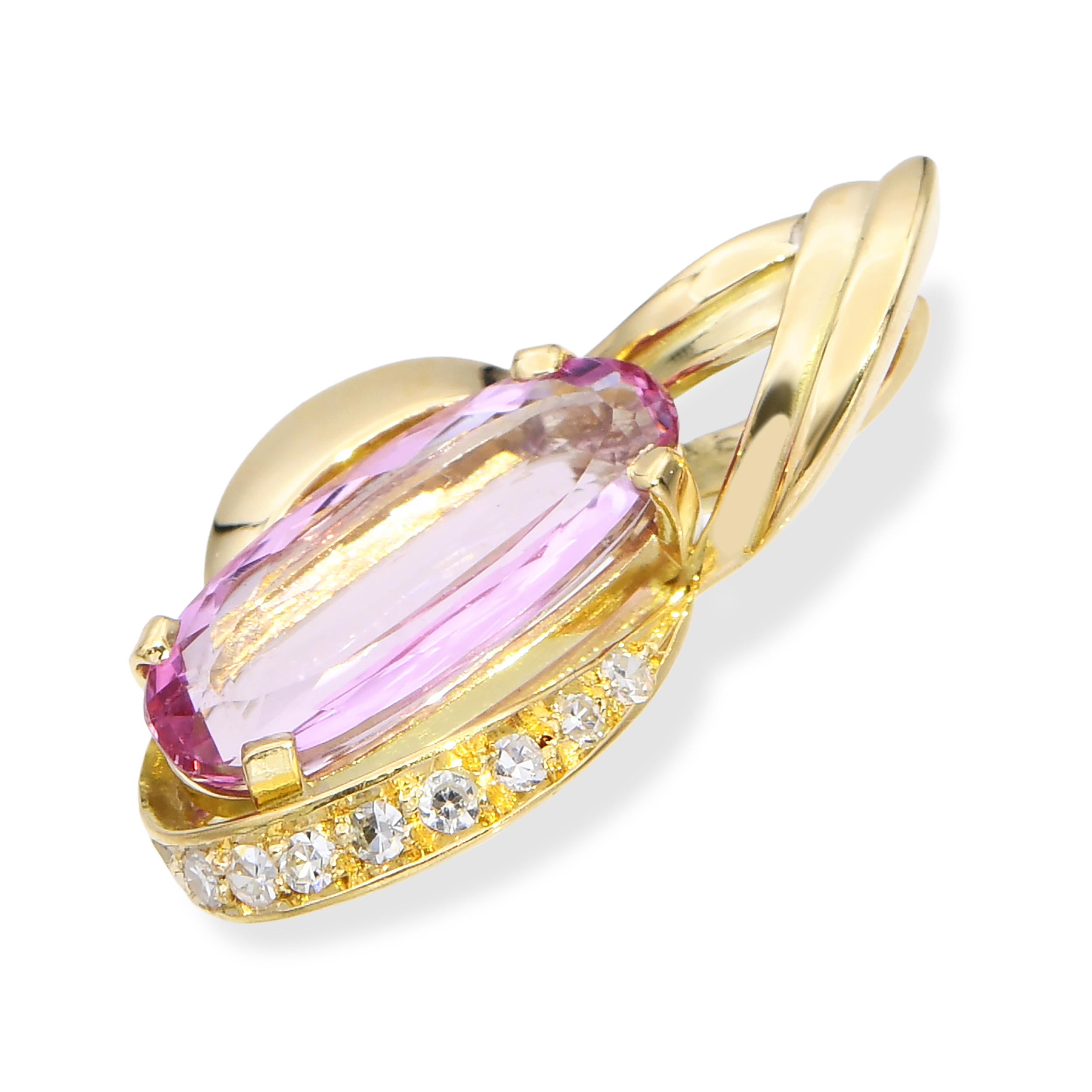 Vintage 18k Yellow Gold Imperial 2.01ct Pink Topaz and Diamond Pendant