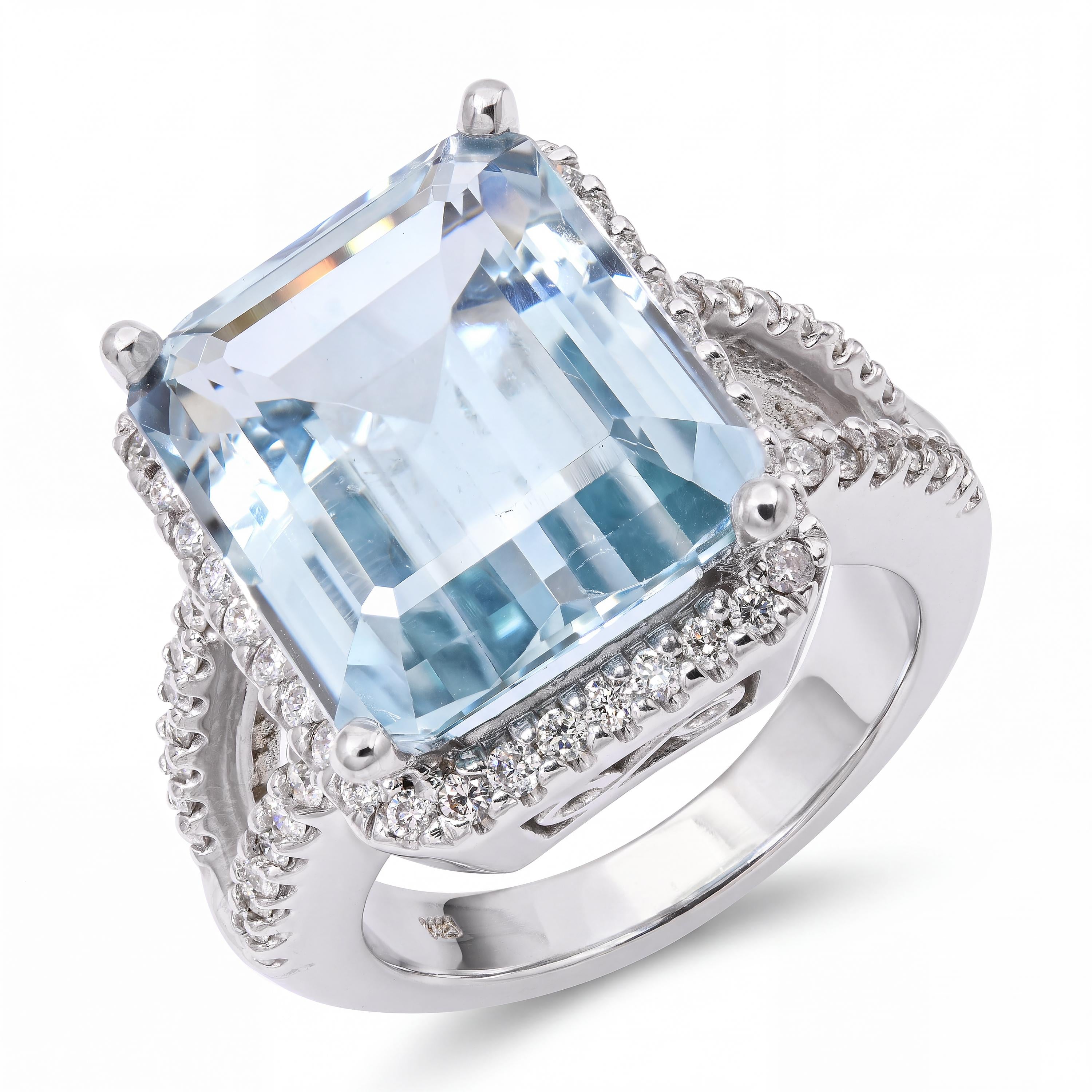 14k White Gold 8.37ct Aquamarine & Diamond Split Shank Statement Ring