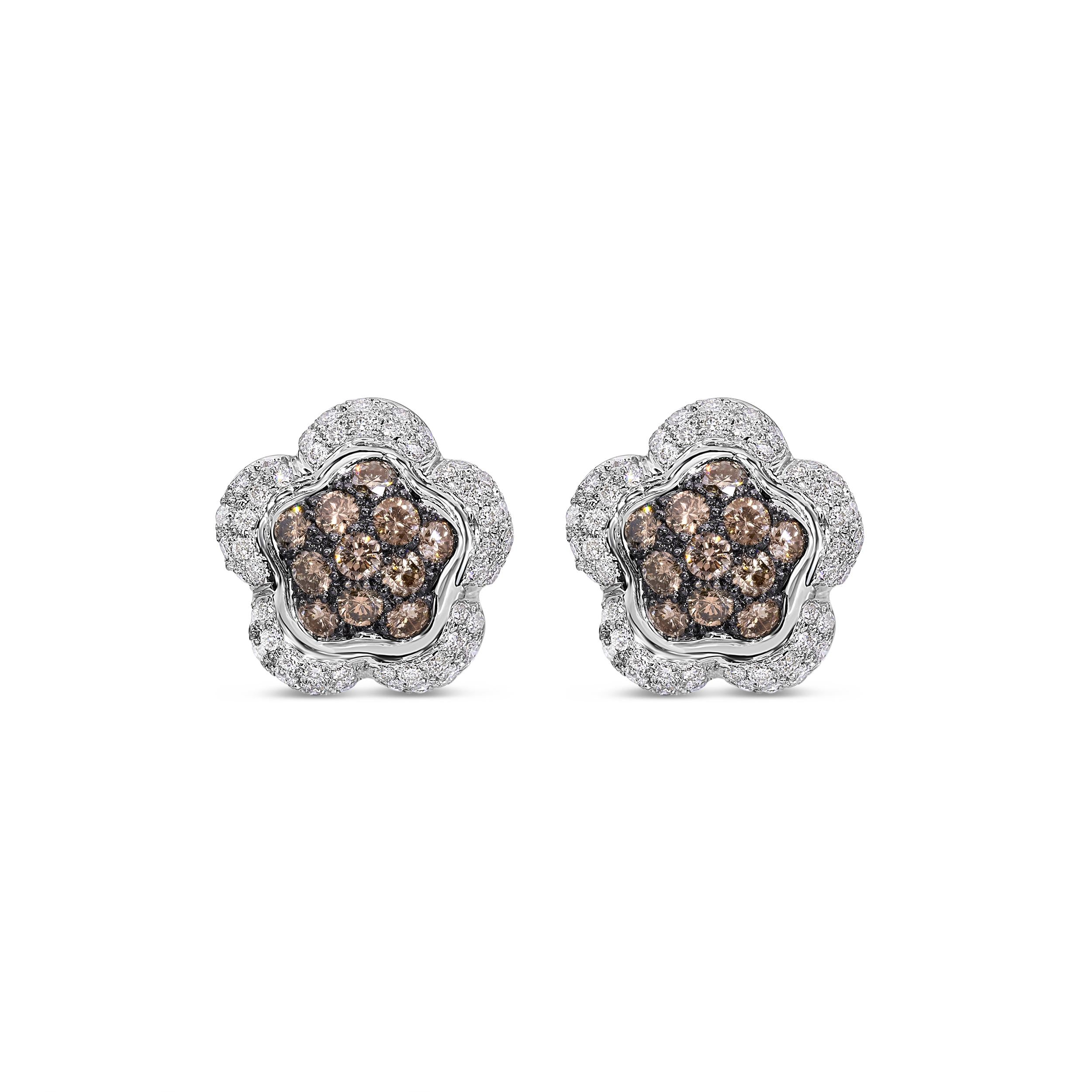 18k White Gold 1.21tcw Brown Diamond and White Diamond Floral Earrings