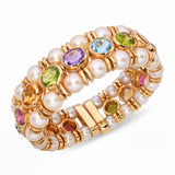 Vintage 18k Yellow Gold Pearl and Multi Color Assorted Gemstone Cuff Bracelet