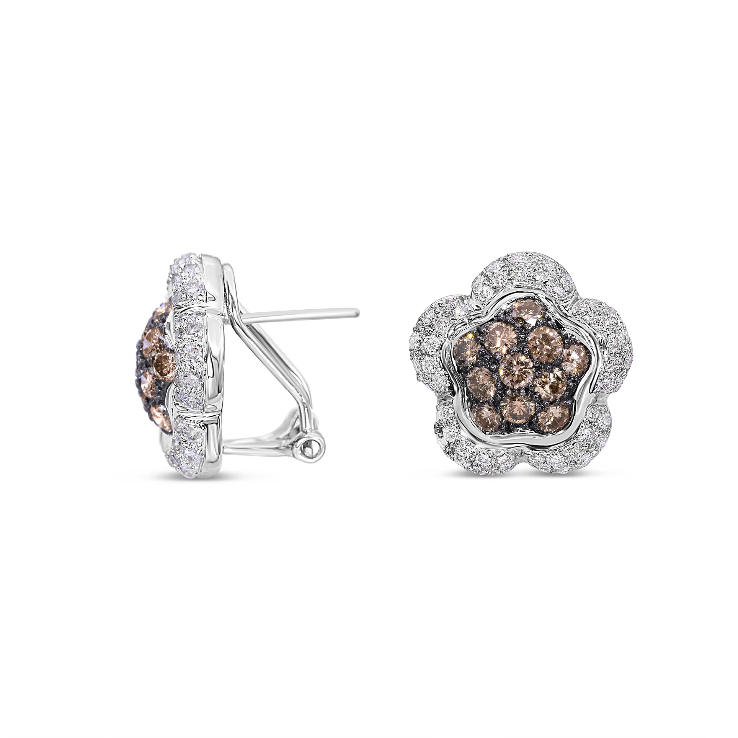 18k White Gold 1.21tcw Brown Diamond and White Diamond Floral Earrings