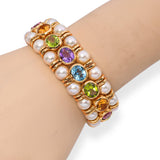 Vintage 18k Yellow Gold Pearl and Multi Color Assorted Gemstone Cuff Bracelet