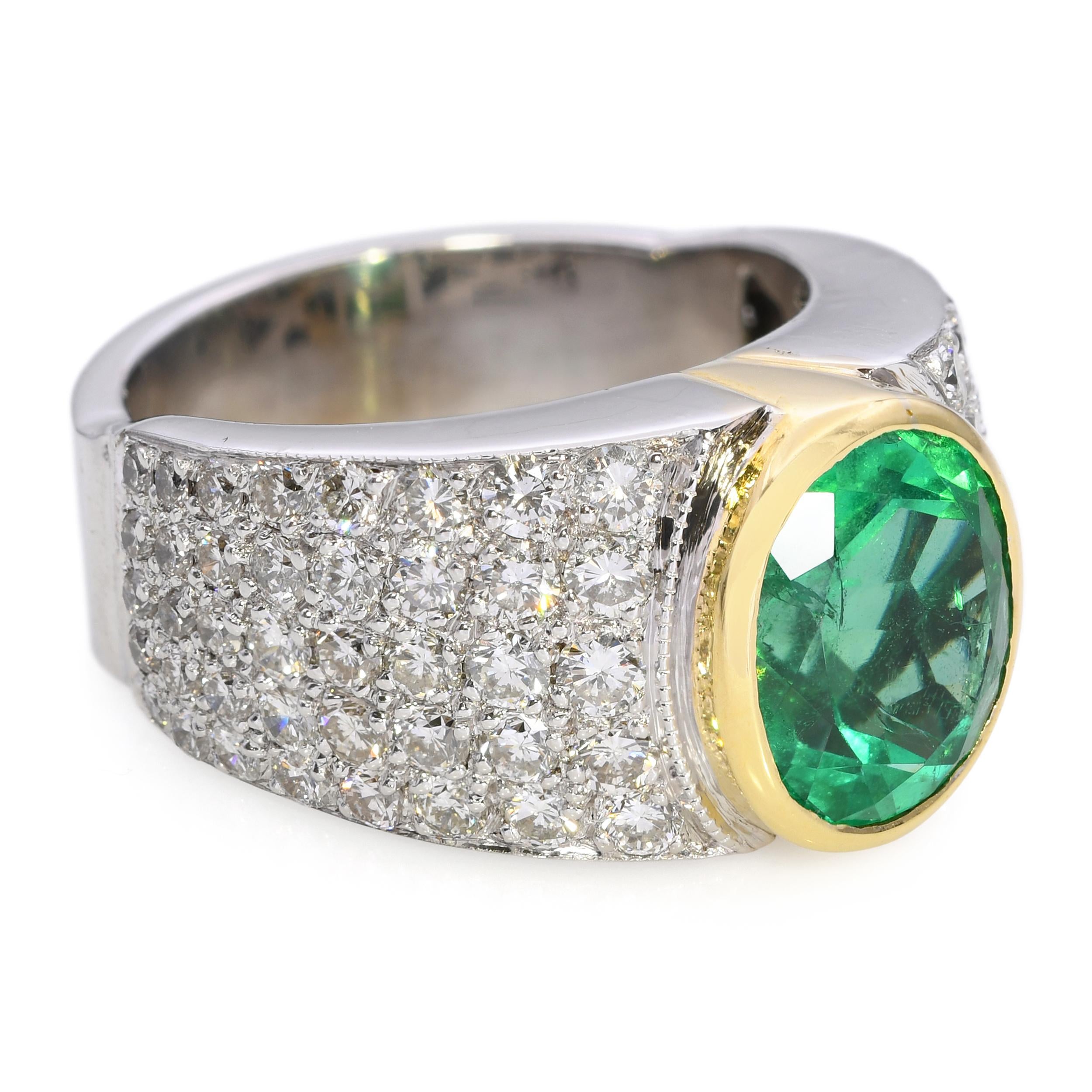 Vintage 18k Two-Tone 3.29ct Emerald and Diamond Statement Ring