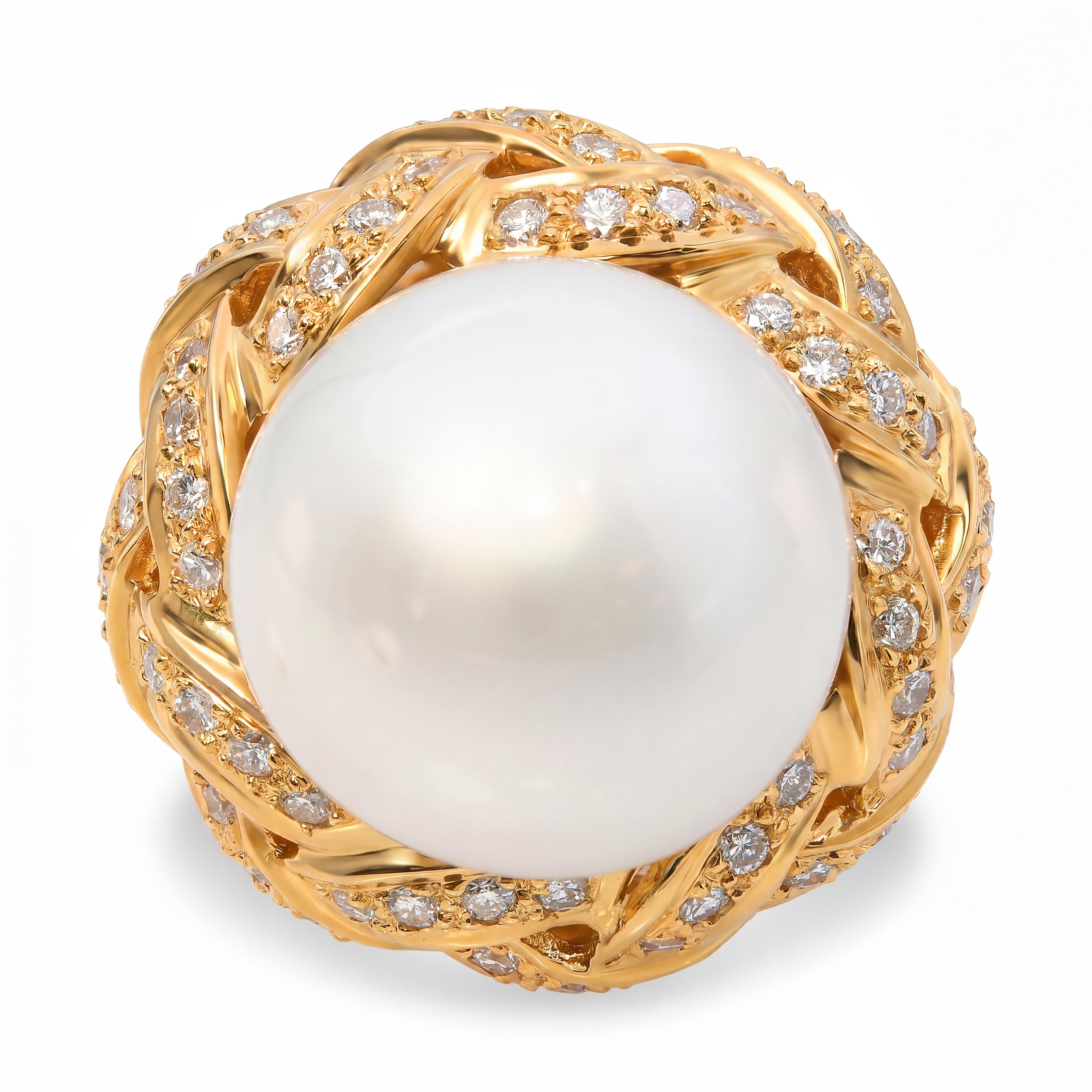 Vintage 18k Yellow Gold South Sea Pearl and Diamond Knotted Statement Ring