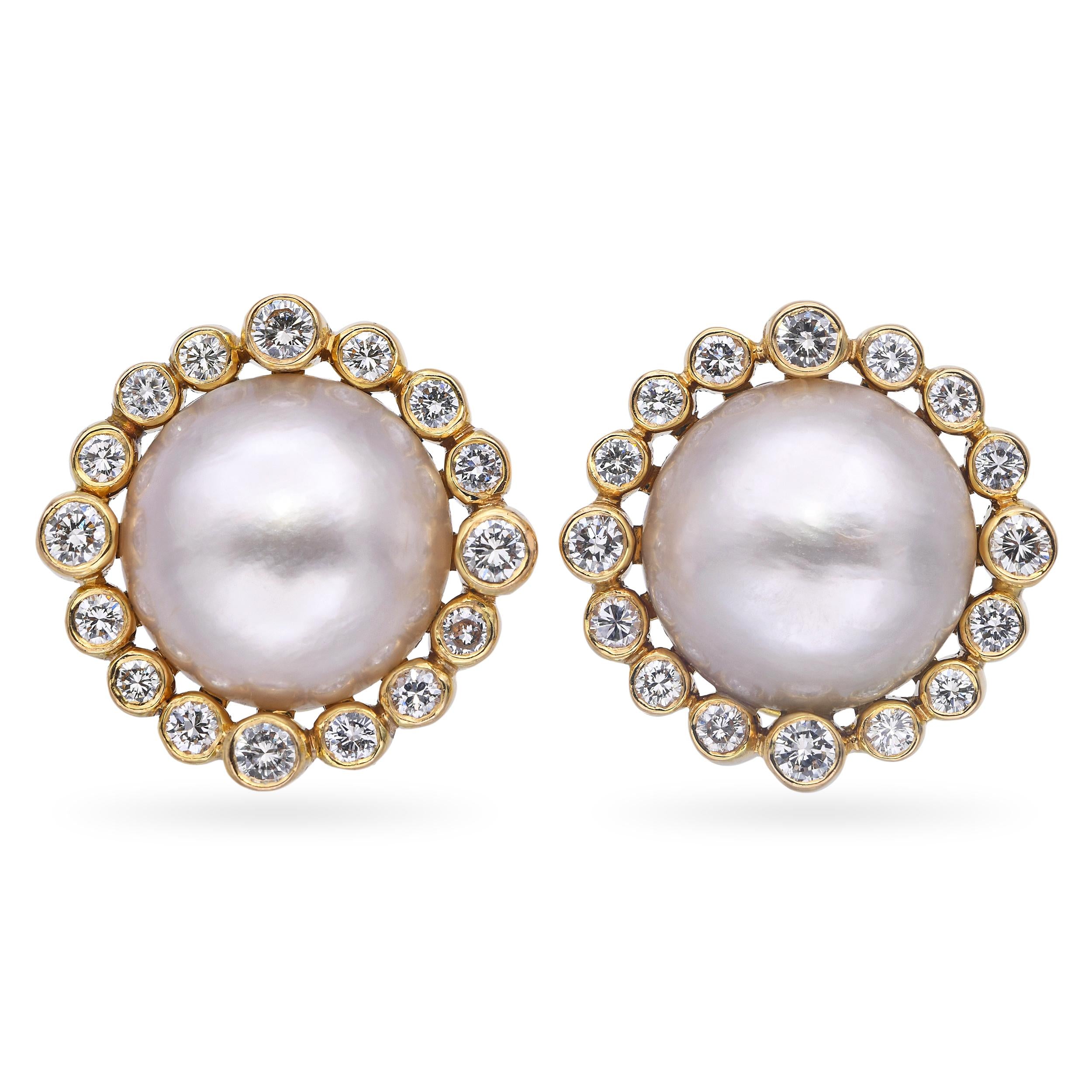 14k Yellow Gold 2.32tcw Diamond Halo Mabe Pearl Earrings