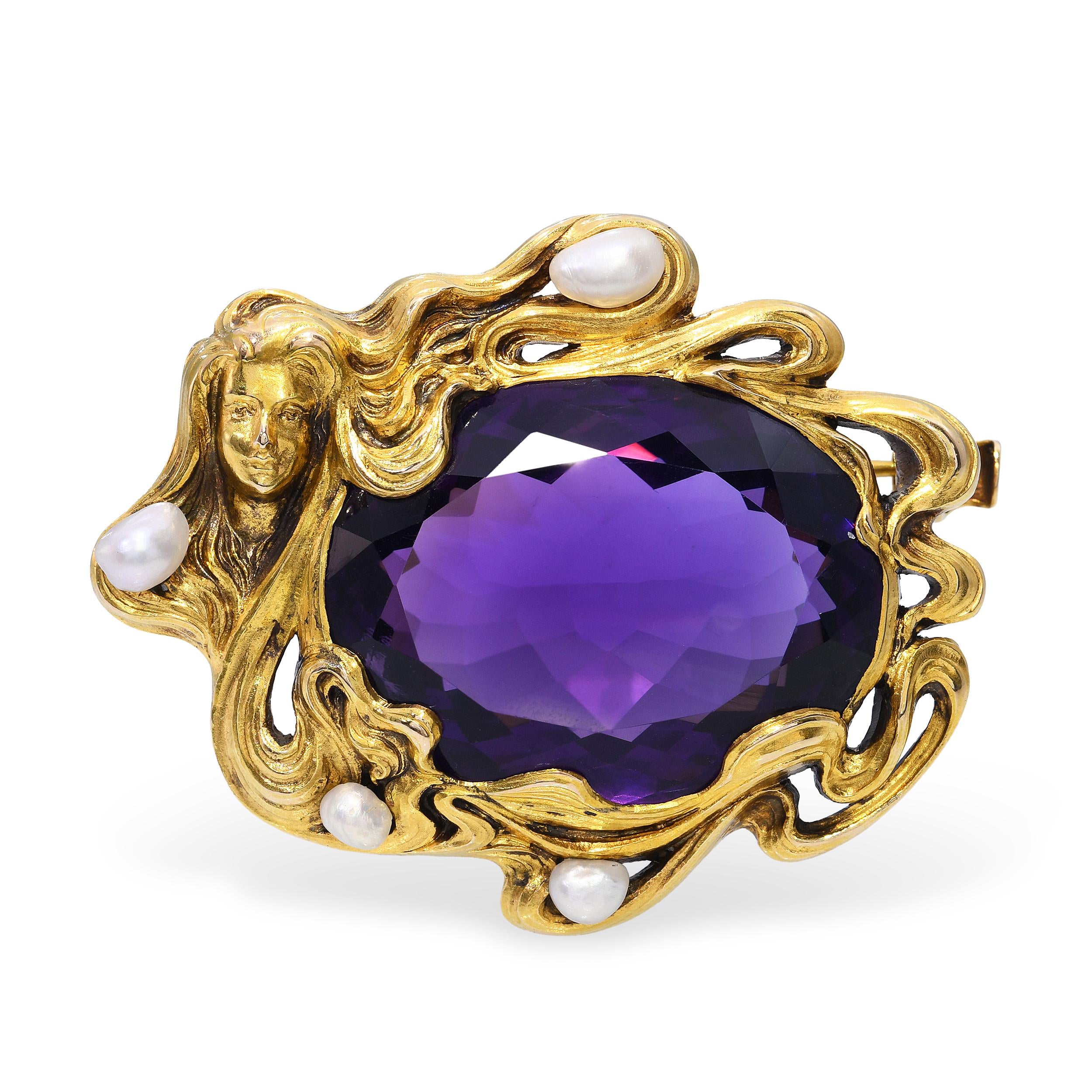 Art Nouveau Kohn 14k Yellow Gold Nymph with Amethyst & Pearl Brooch