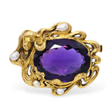 Art Nouveau Kohn 14k Yellow Gold Nymph with Amethyst & Pearl Brooch