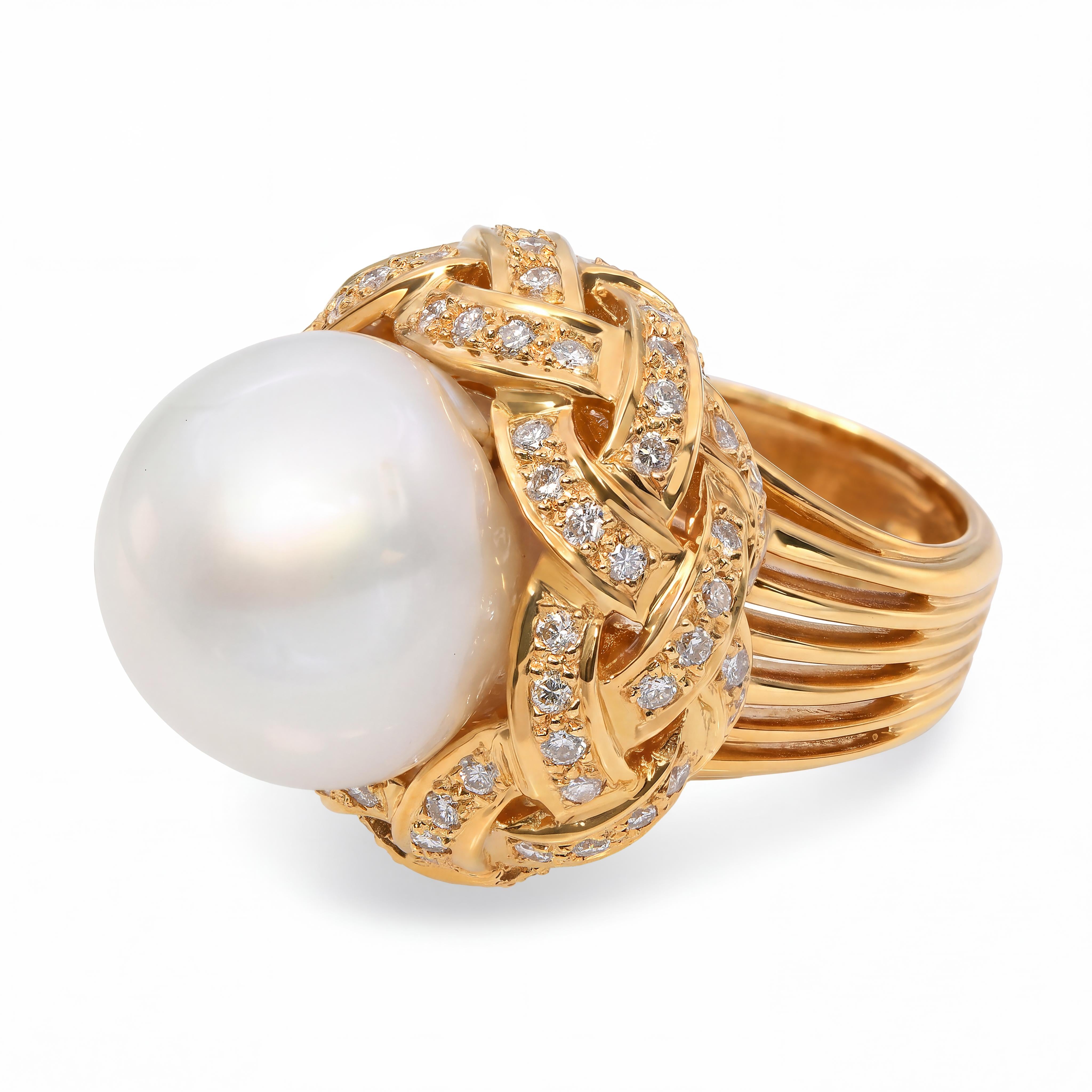 Vintage 18k Yellow Gold South Sea Pearl and Diamond Knotted Statement Ring