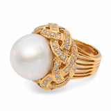 Vintage 18k Yellow Gold South Sea Pearl and Diamond Knotted Statement Ring