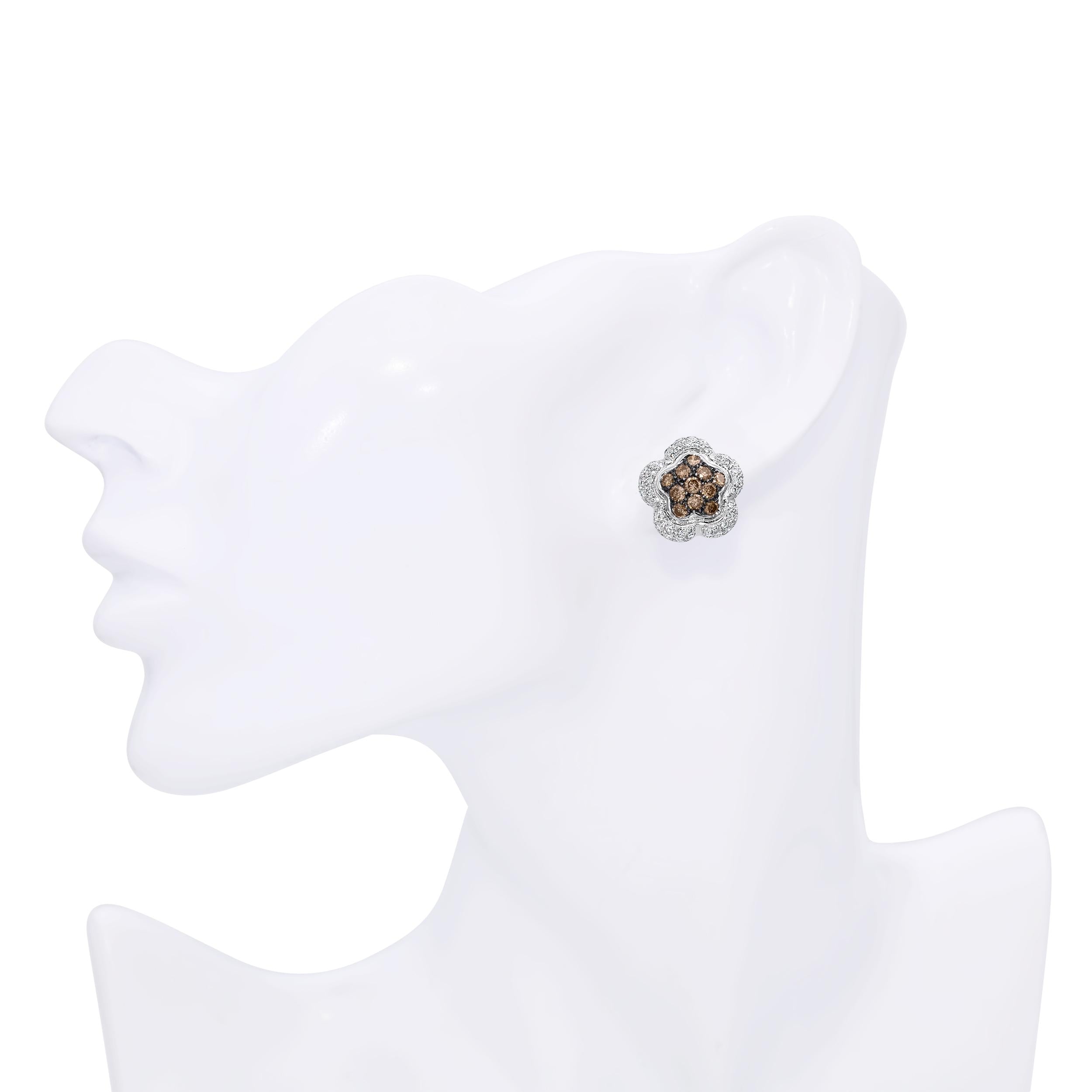 18k White Gold 1.21tcw Brown Diamond and White Diamond Floral Earrings