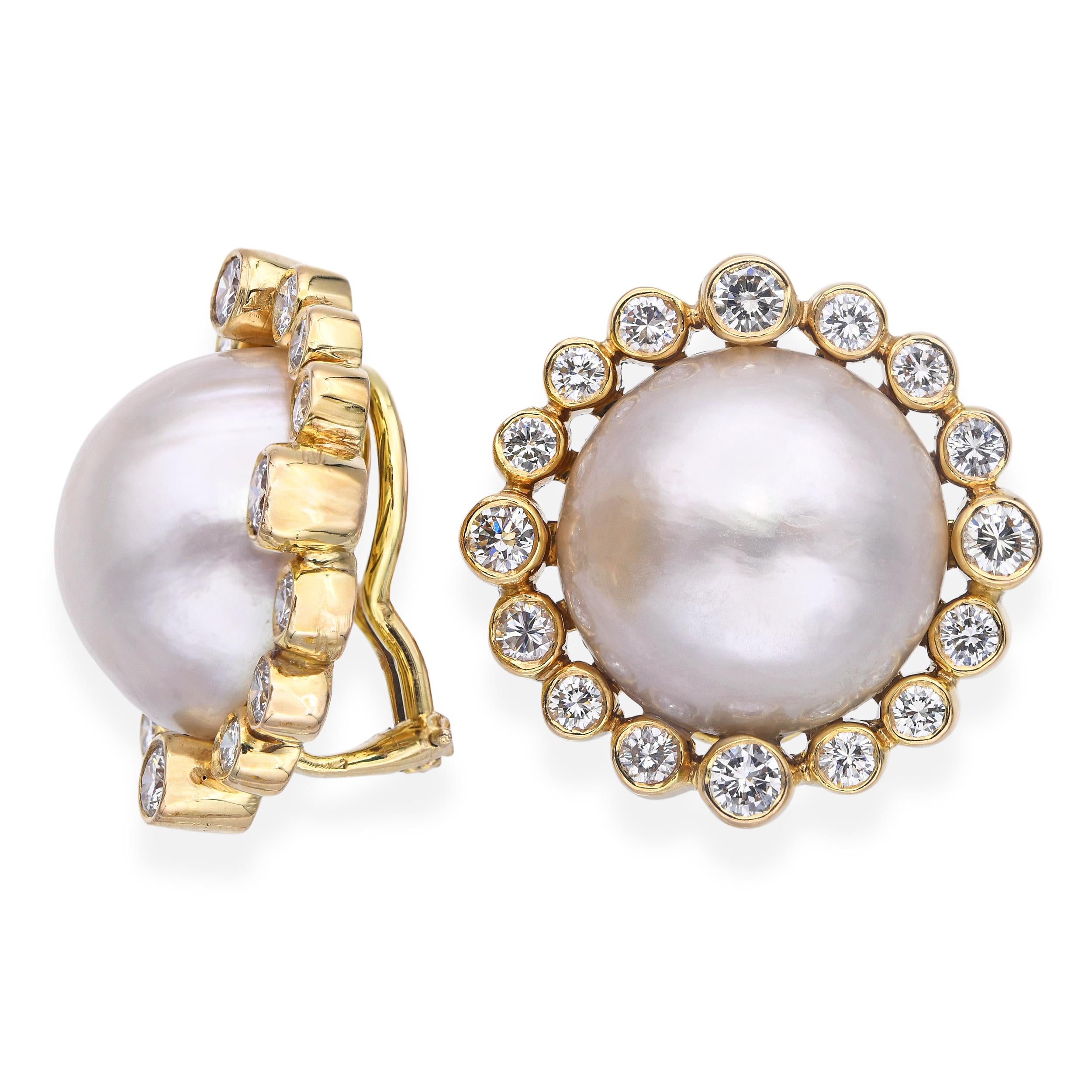 14k Yellow Gold 2.32tcw Diamond Halo Mabe Pearl Earrings