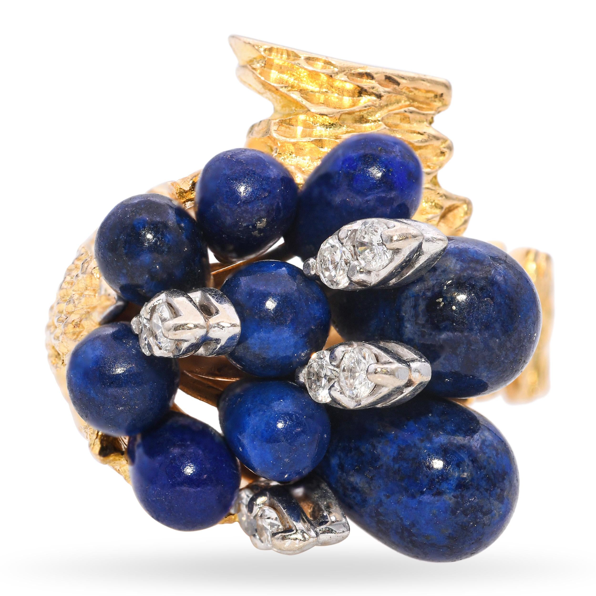 Vintage 14k Yellow Gold Lapis and Diamond Bouquet Ring