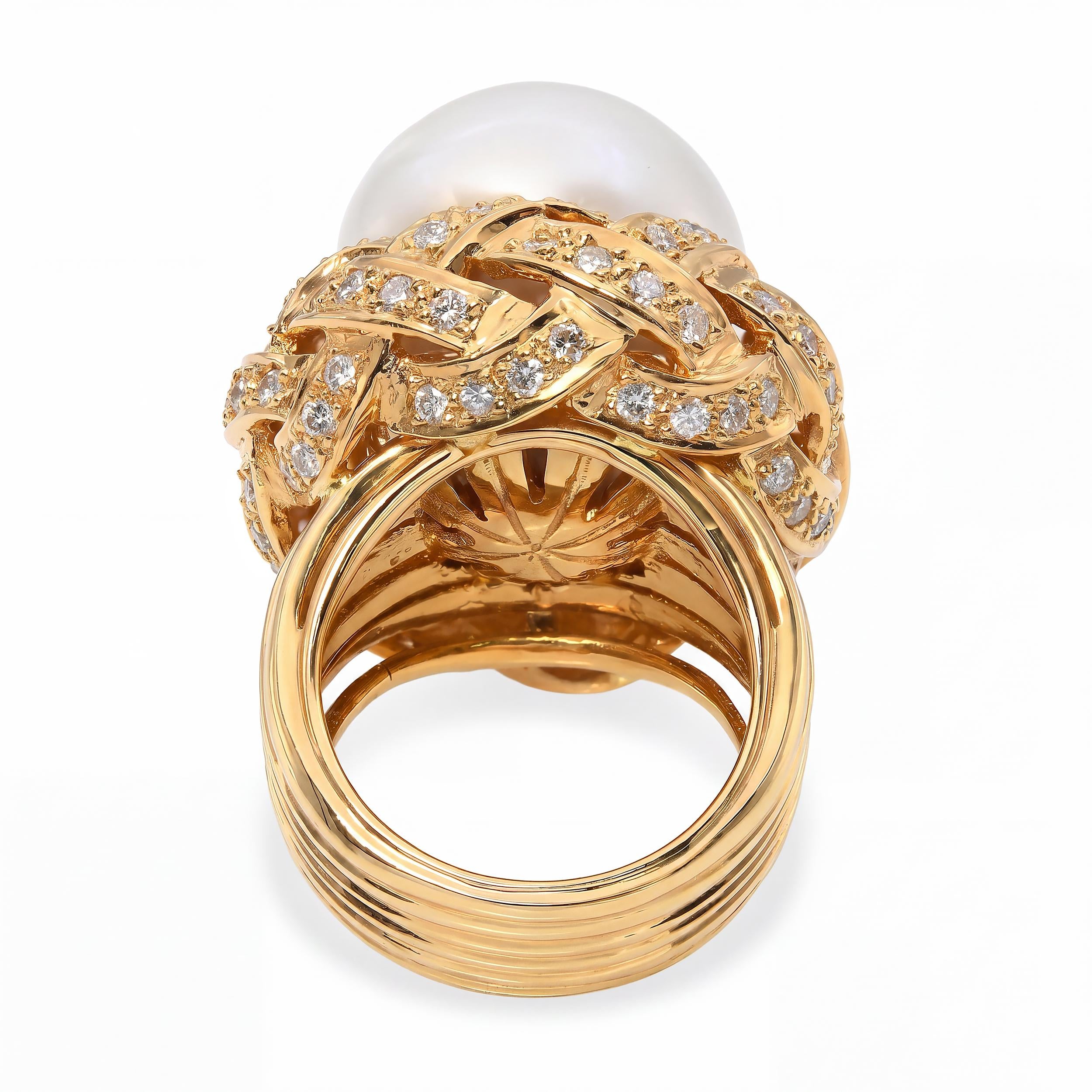Vintage 18k Yellow Gold South Sea Pearl and Diamond Knotted Statement Ring