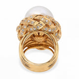 Vintage 18k Yellow Gold South Sea Pearl and Diamond Knotted Statement Ring