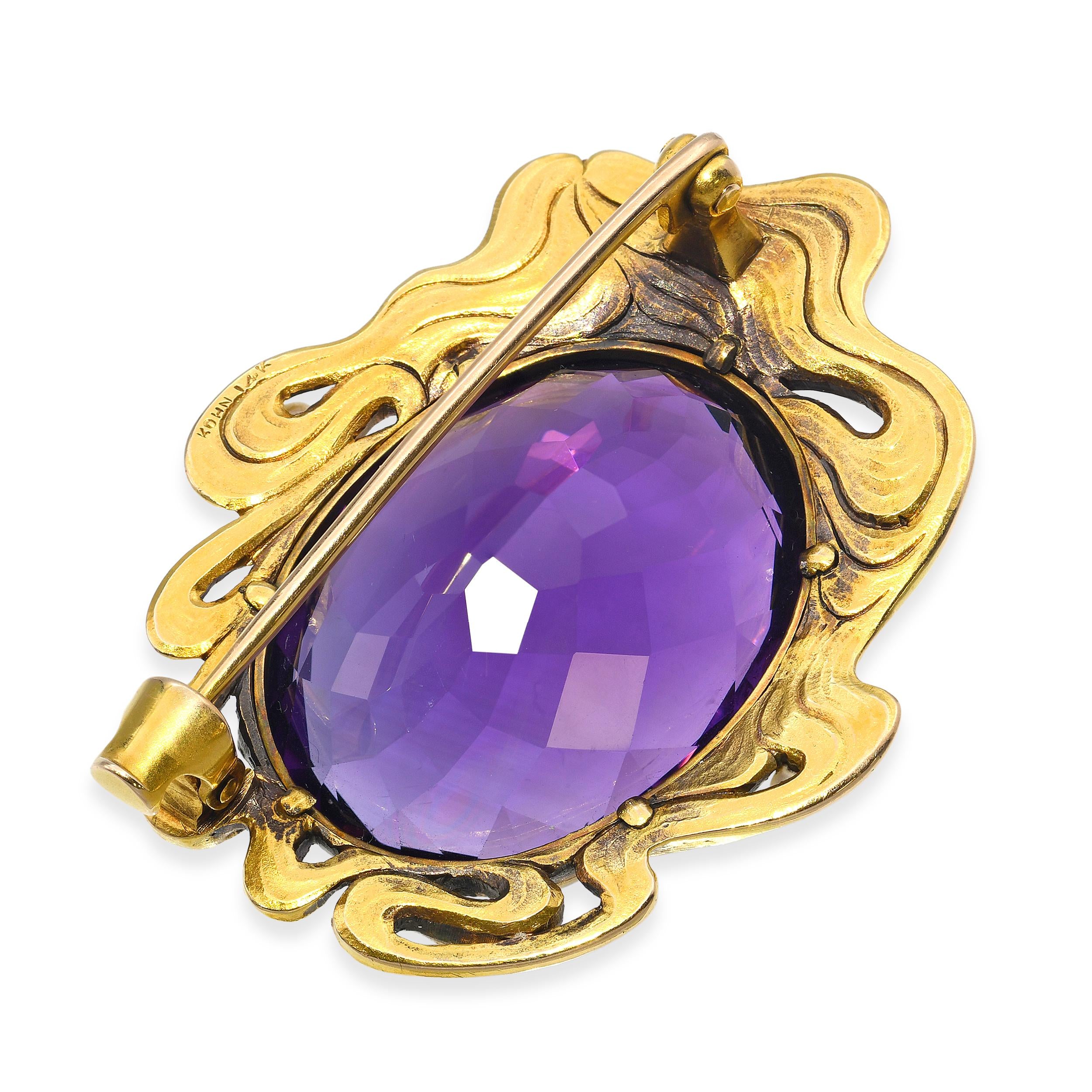 Art Nouveau Kohn 14k Yellow Gold Nymph with Amethyst & Pearl Brooch
