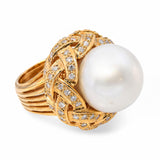 Vintage 18k Yellow Gold South Sea Pearl and Diamond Knotted Statement Ring