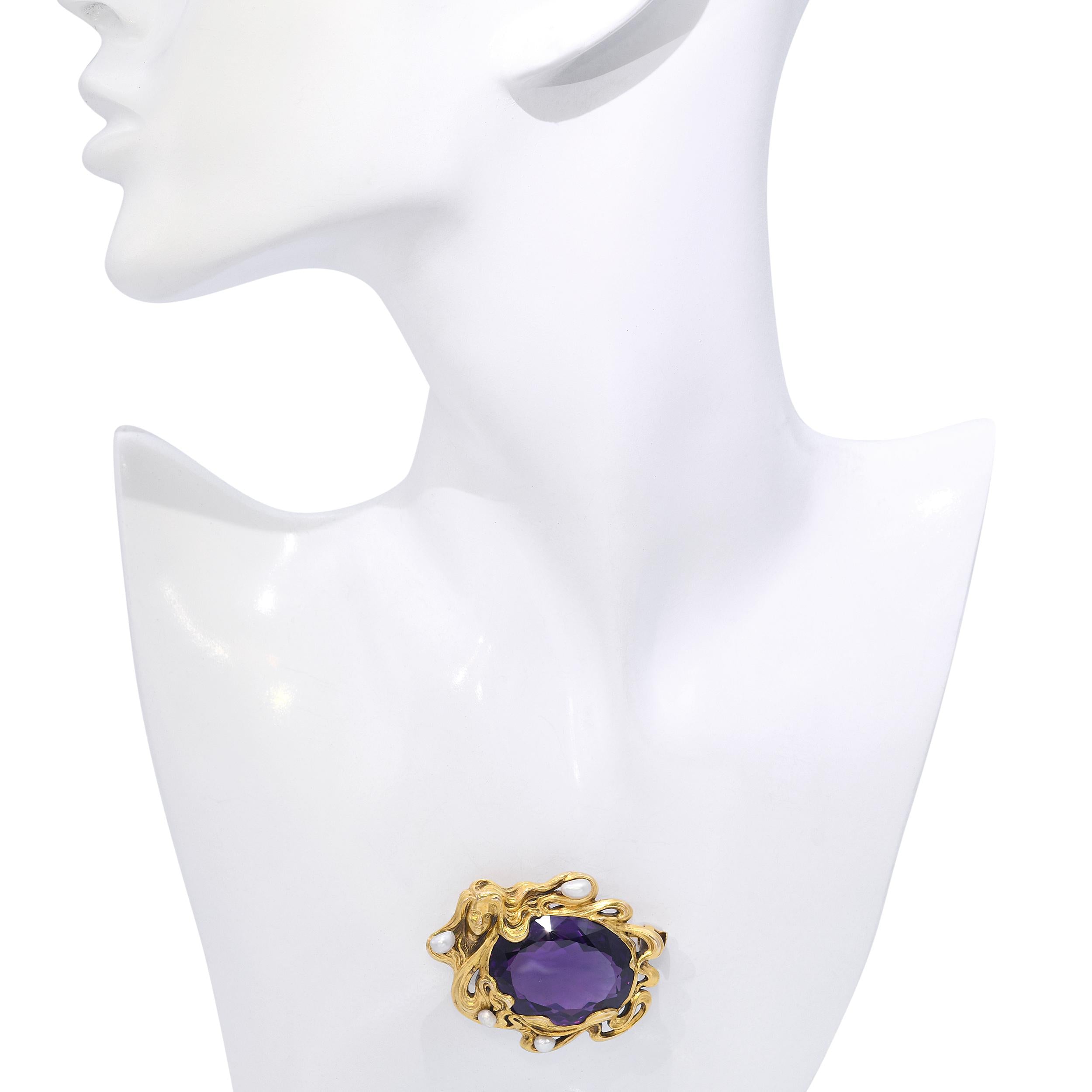 Art Nouveau Kohn 14k Yellow Gold Nymph with Amethyst & Pearl Brooch