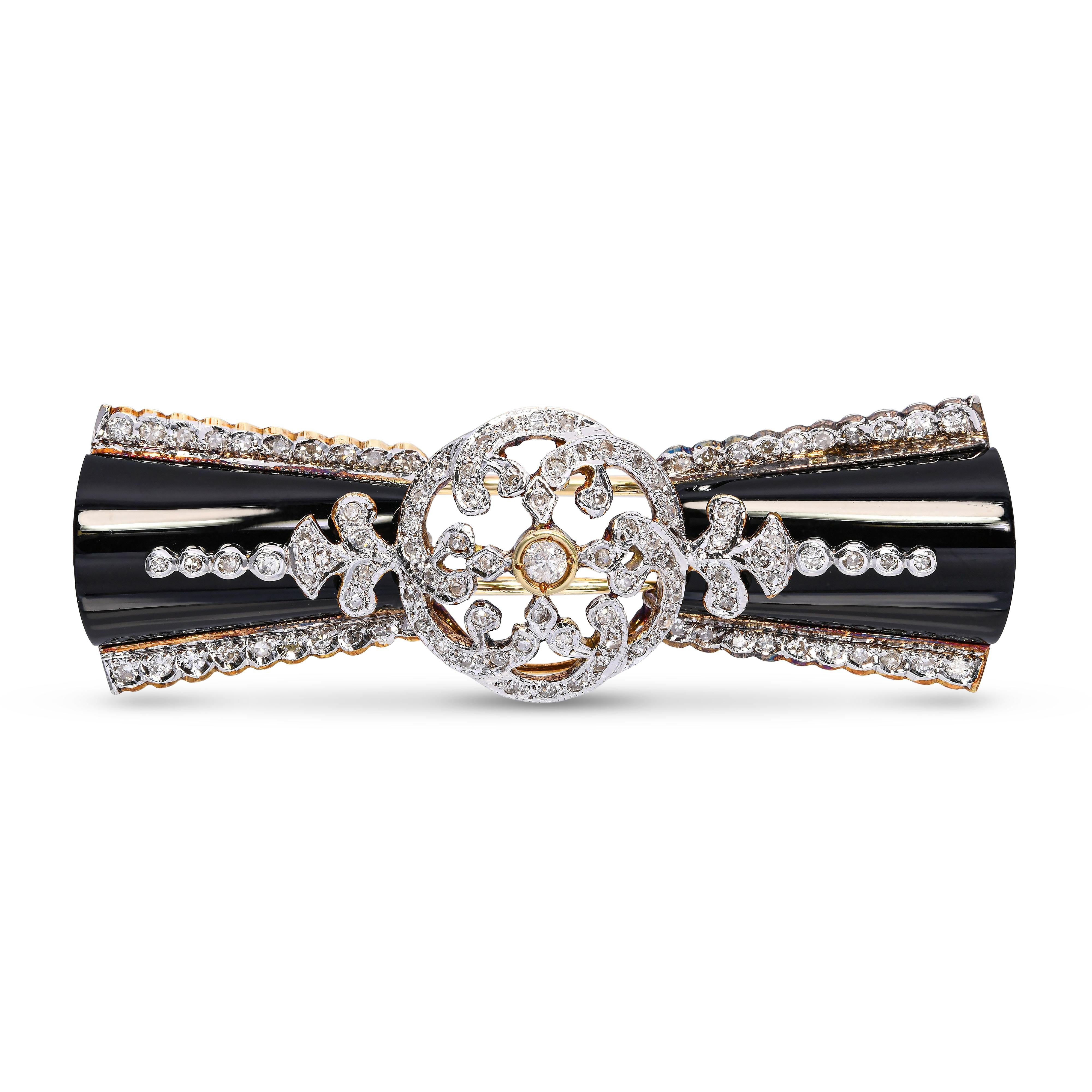 Vintage 14k Yellow Gold Jet and Diamond Brooch