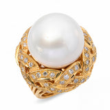Vintage 18k Yellow Gold South Sea Pearl and Diamond Knotted Statement Ring
