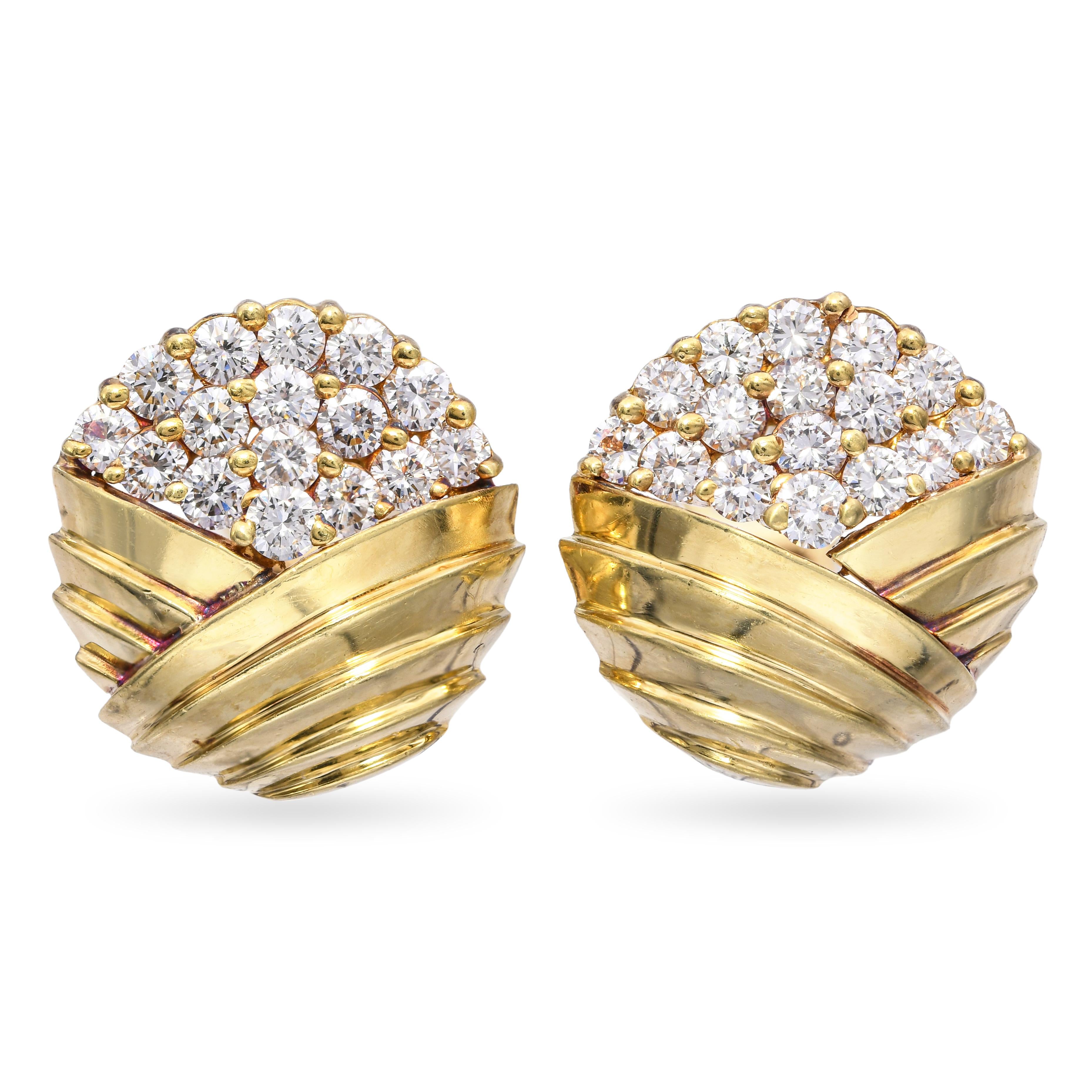 Jose Hess 18k Yellow Gold 0.96ctw Diamond Cluster Retro Swirl Design Earrings