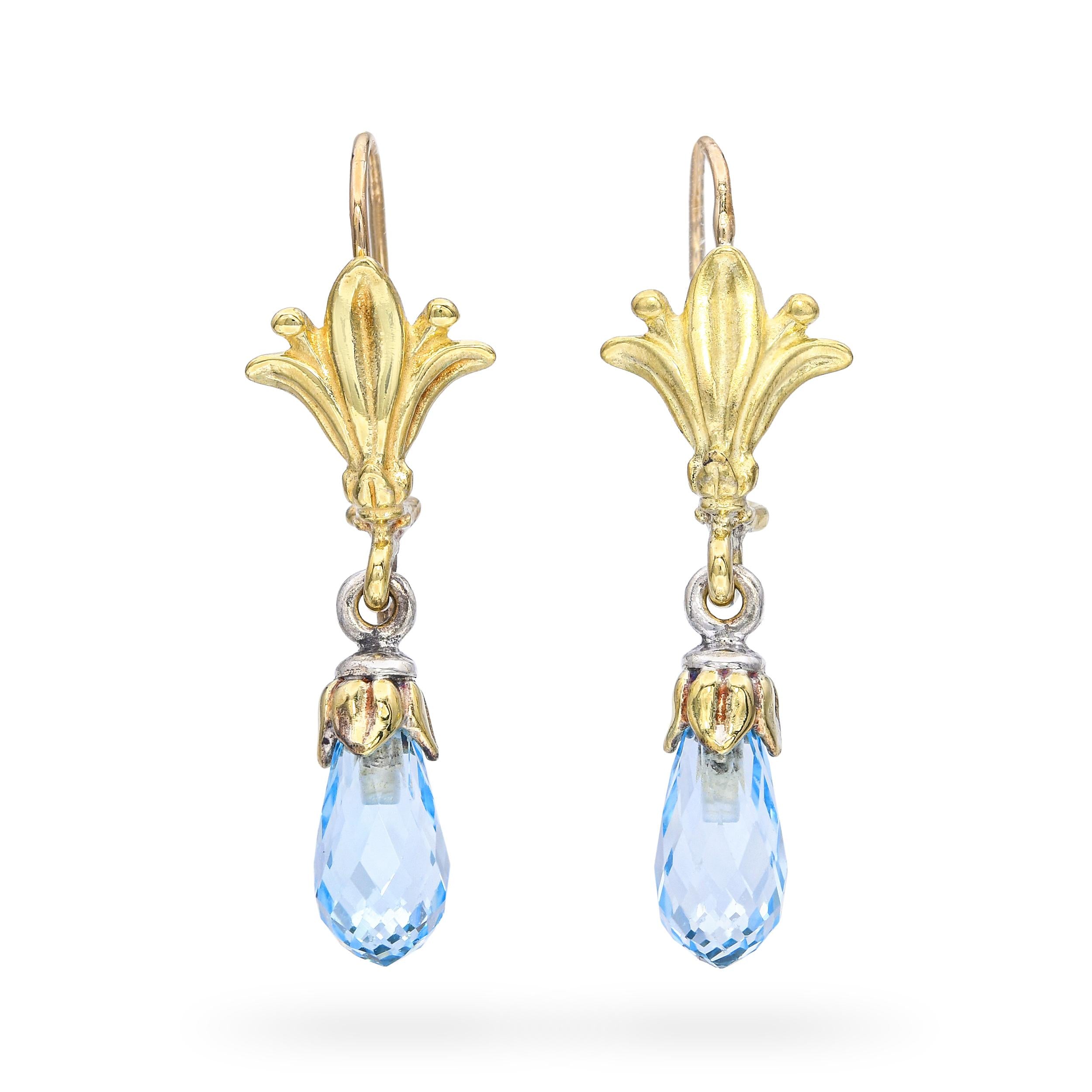 18k Two-Tone Gold Fleur-Di-Lis Blue Topaz Briolette Earrings
