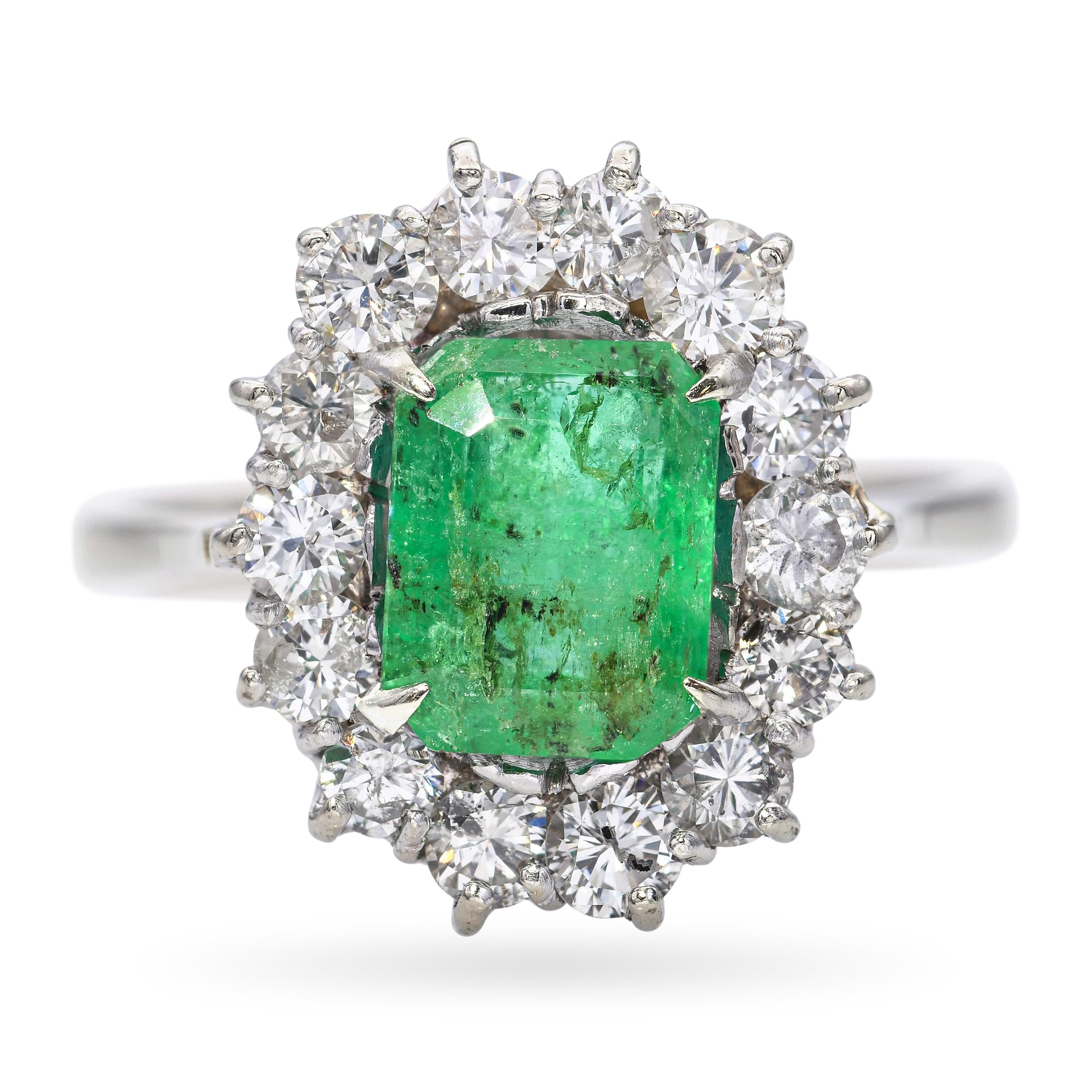 Vintage 18k White Gold 1.49ct Emerald and 0.42tcw Diamond Halo Ring
