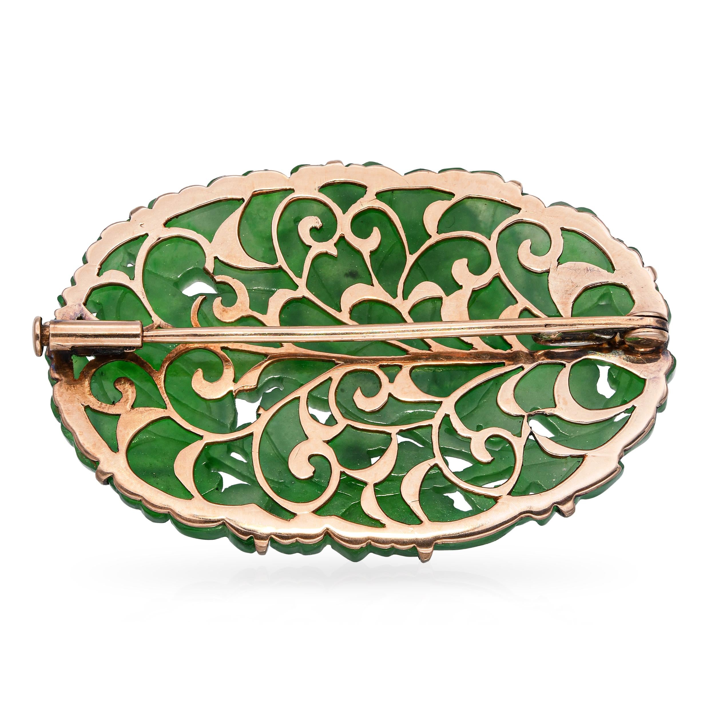 Antique 14k Yellow Gold Carved Floral Motif GIA Type A Burmese Jade Brooch