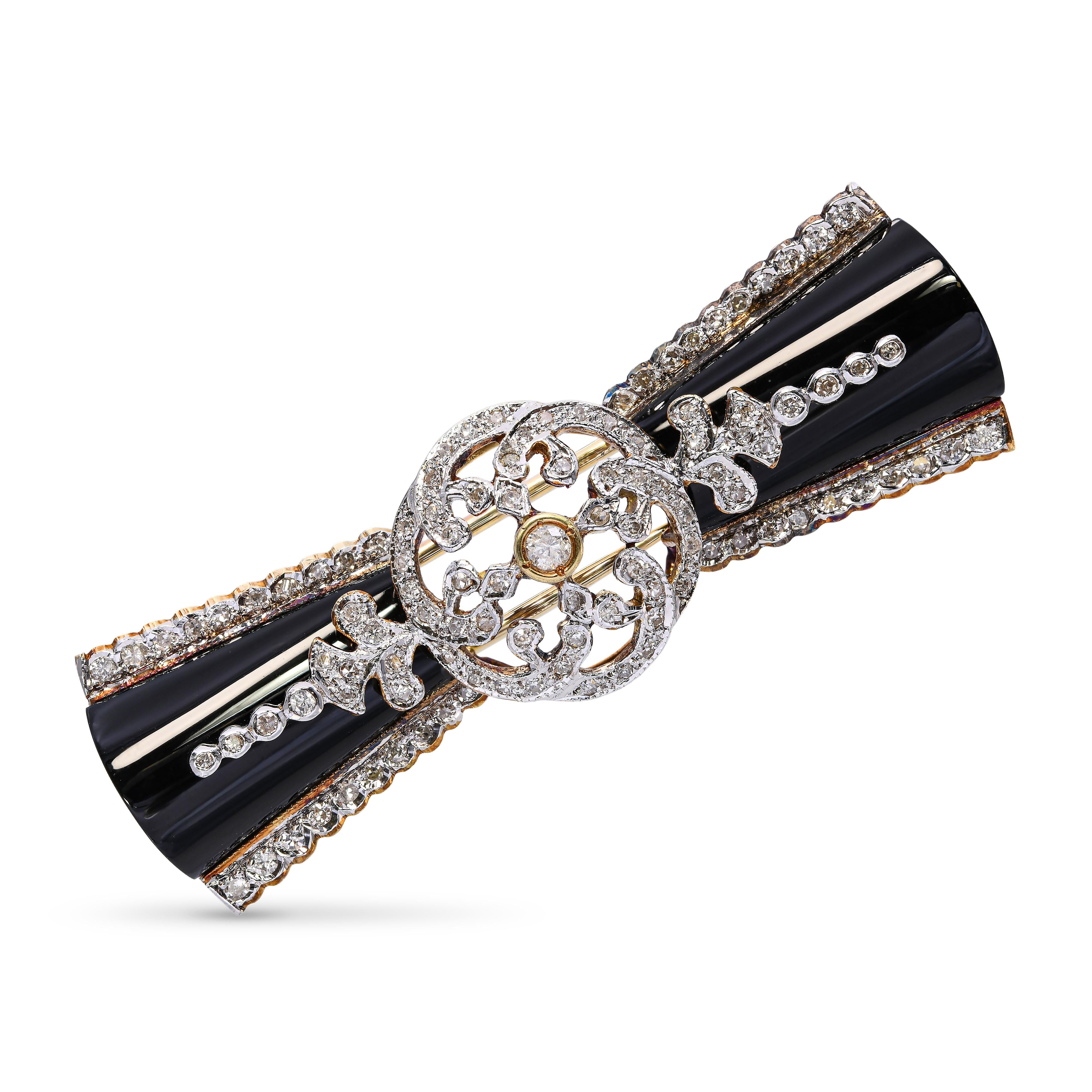Vintage 14k Yellow Gold Jet and Diamond Brooch