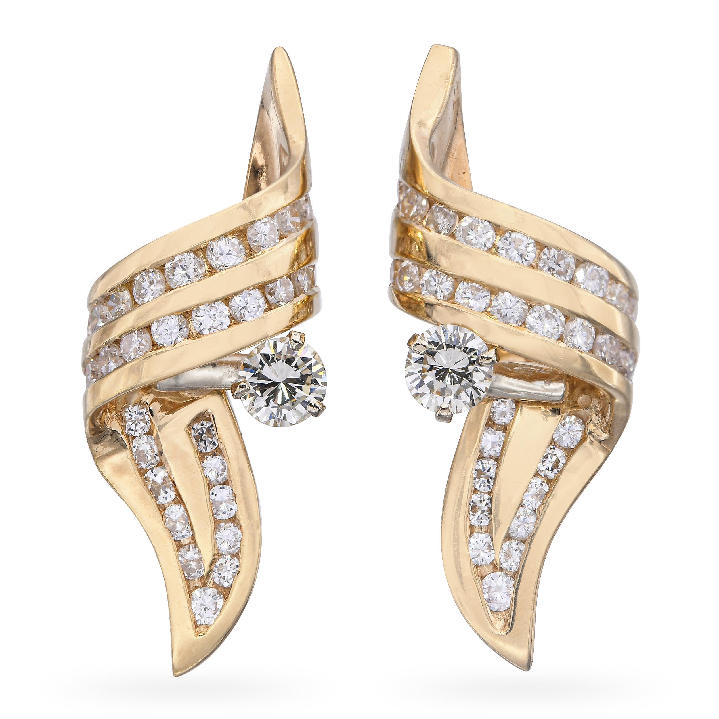 Vintage 14k Yellow Gold 1.26tcw Diamond Ribbon Earrings