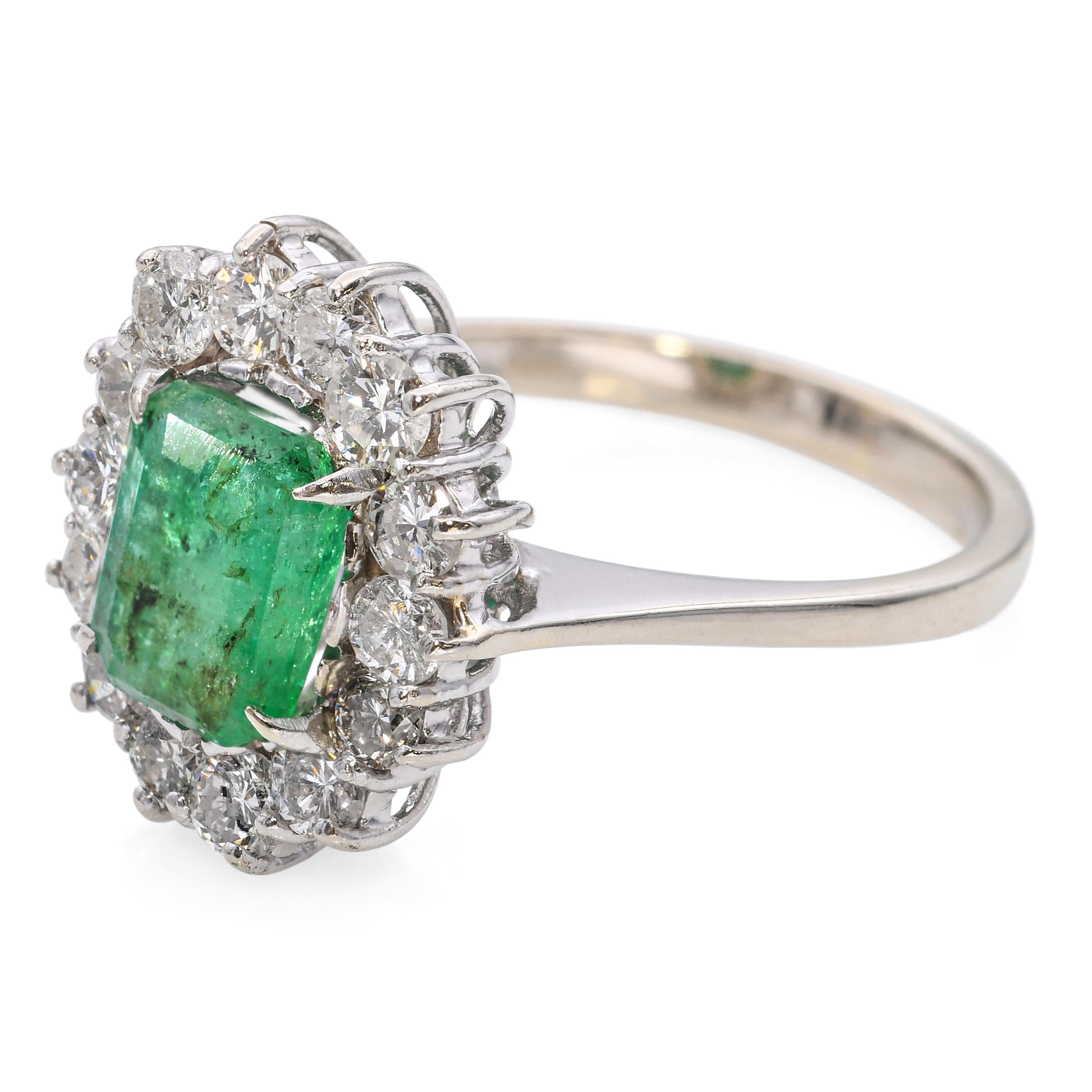 Vintage 18k White Gold 1.49ct Emerald and 0.42tcw Diamond Halo Ring
