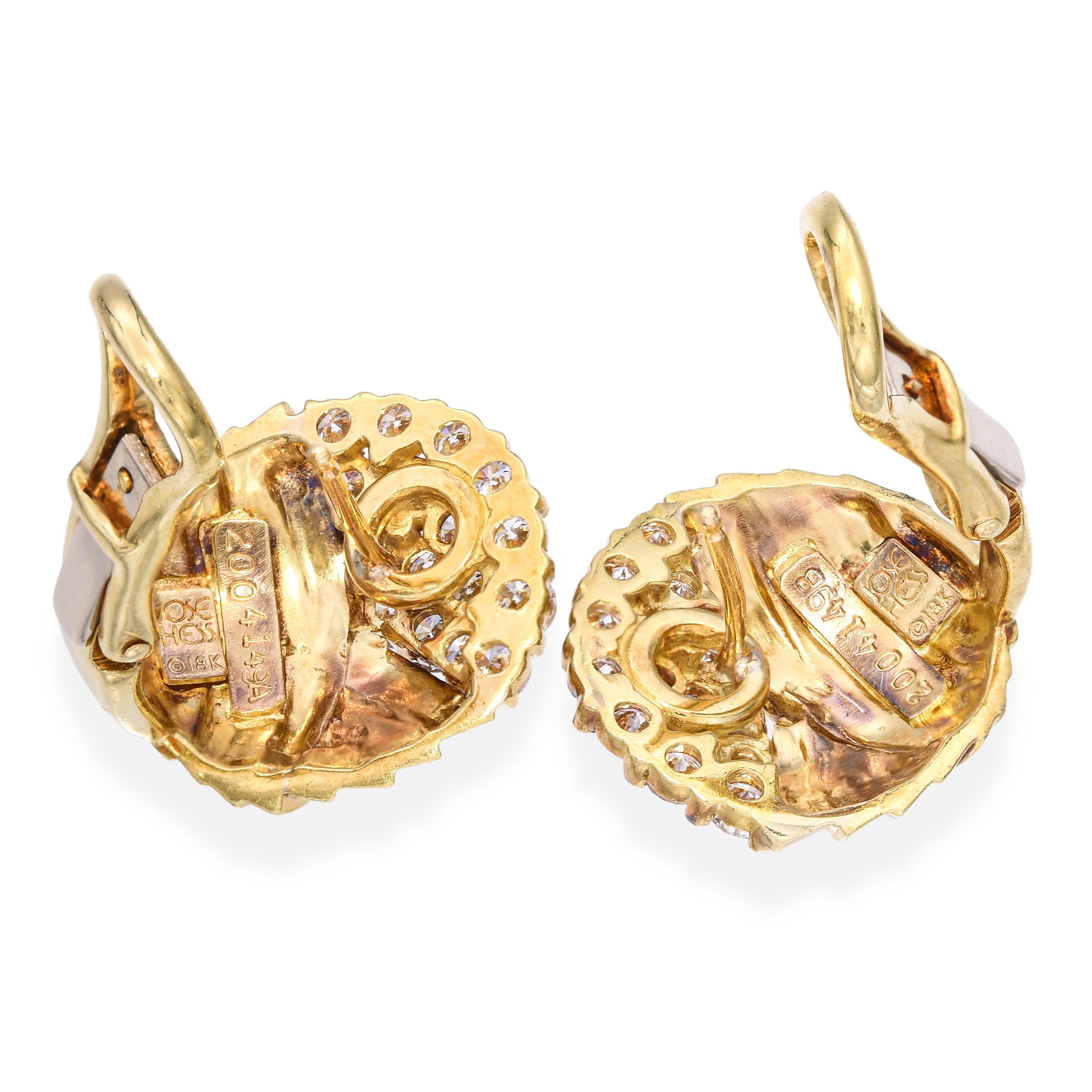 Jose Hess 18k Yellow Gold 0.96ctw Diamond Cluster Retro Swirl Design Earrings