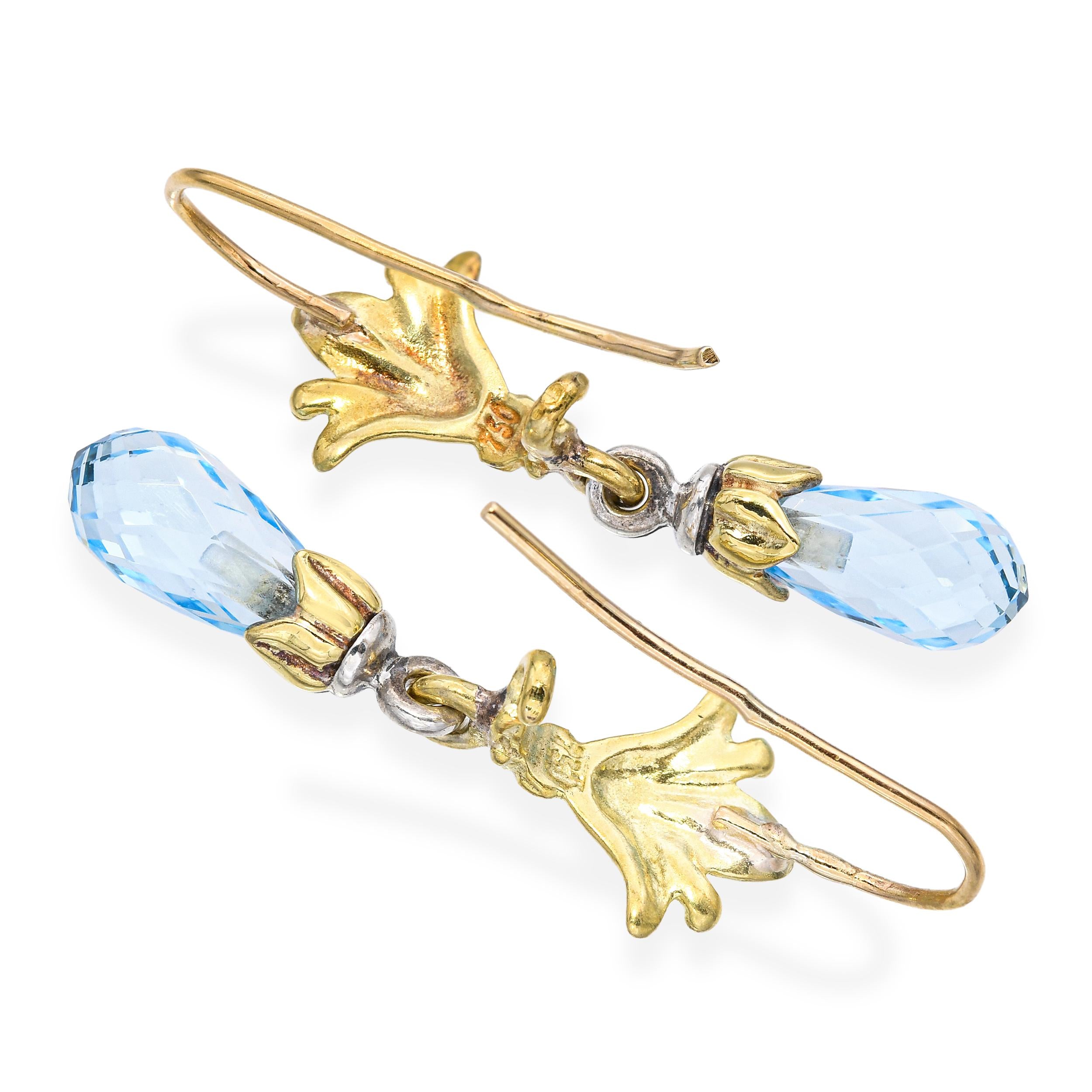 18k Two-Tone Gold Fleur-Di-Lis Blue Topaz Briolette Earrings