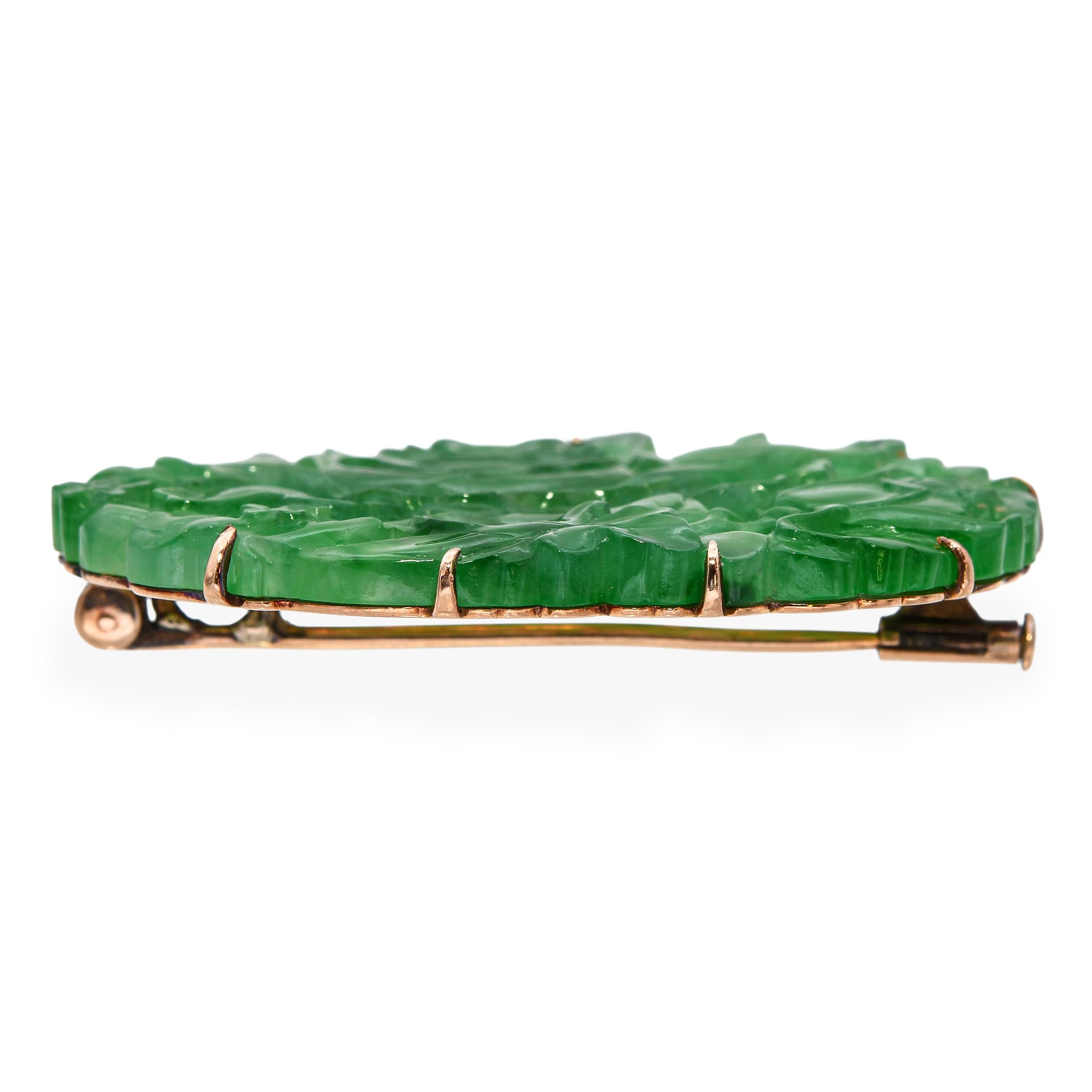Antique 14k Yellow Gold Carved Floral Motif GIA Type A Burmese Jade Brooch