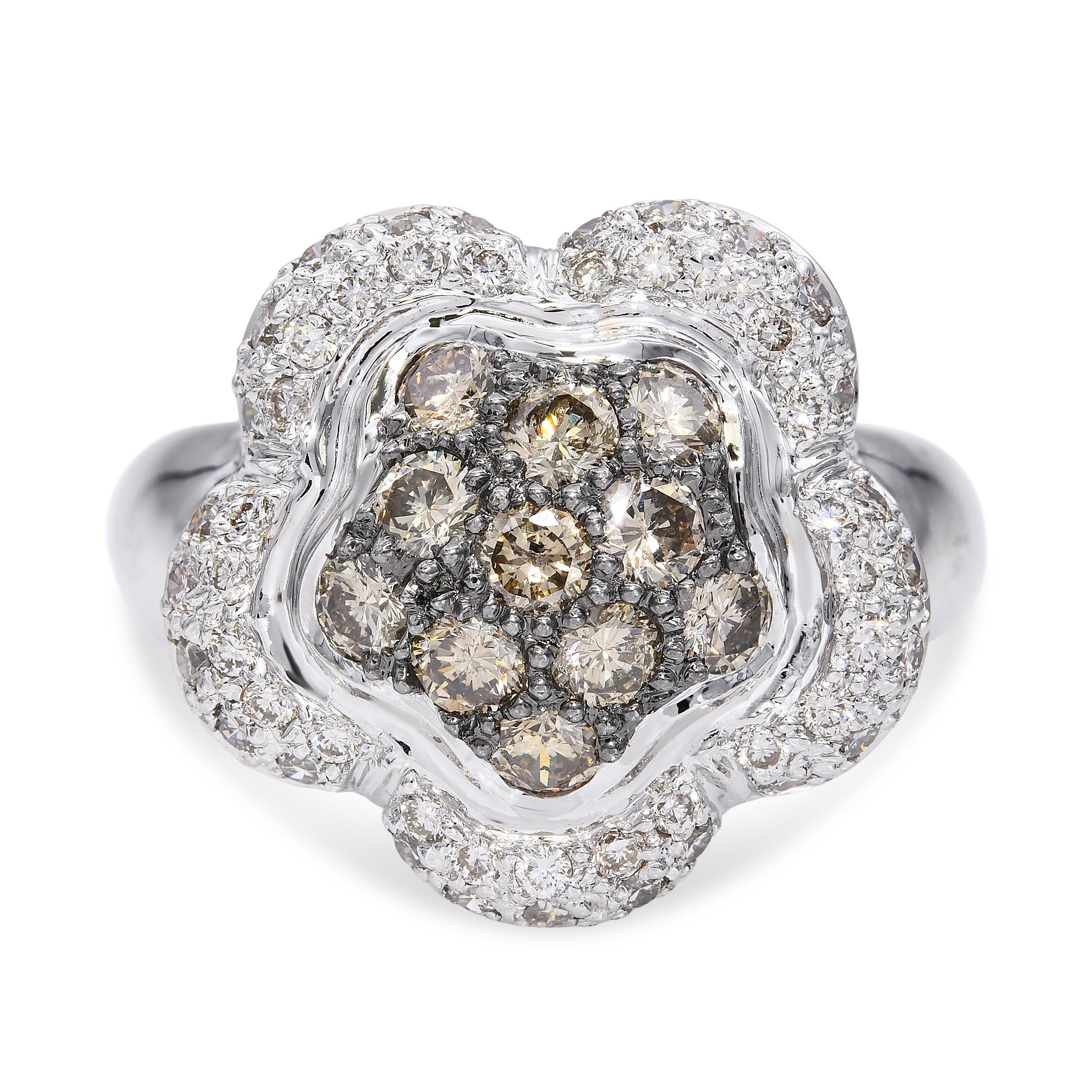 18k White Gold Brown And White  Diamond Floral Ring