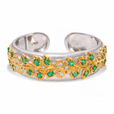 18k Brushed Two Tone Gold Emerald & Diamond Hinged Cuff Bracelet