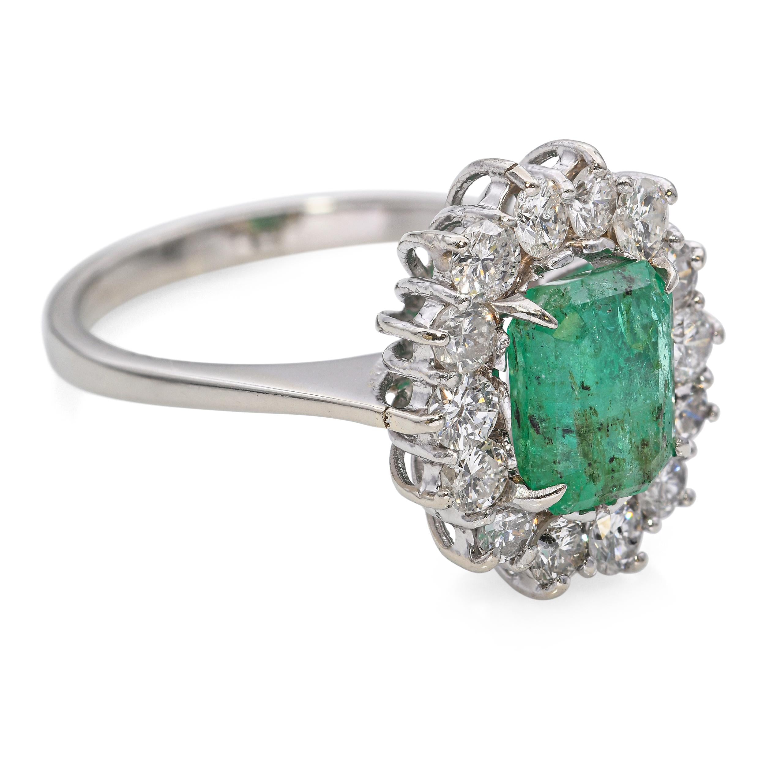Vintage 18k White Gold 1.49ct Emerald and 0.42tcw Diamond Halo Ring