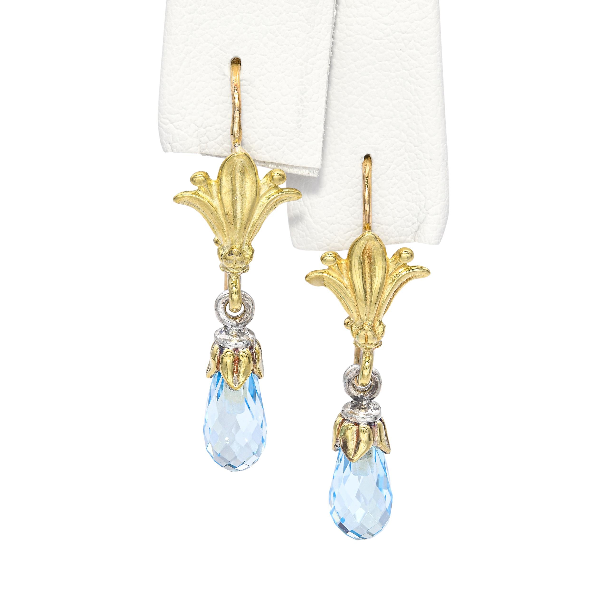 18k Two-Tone Gold Fleur-Di-Lis Blue Topaz Briolette Earrings