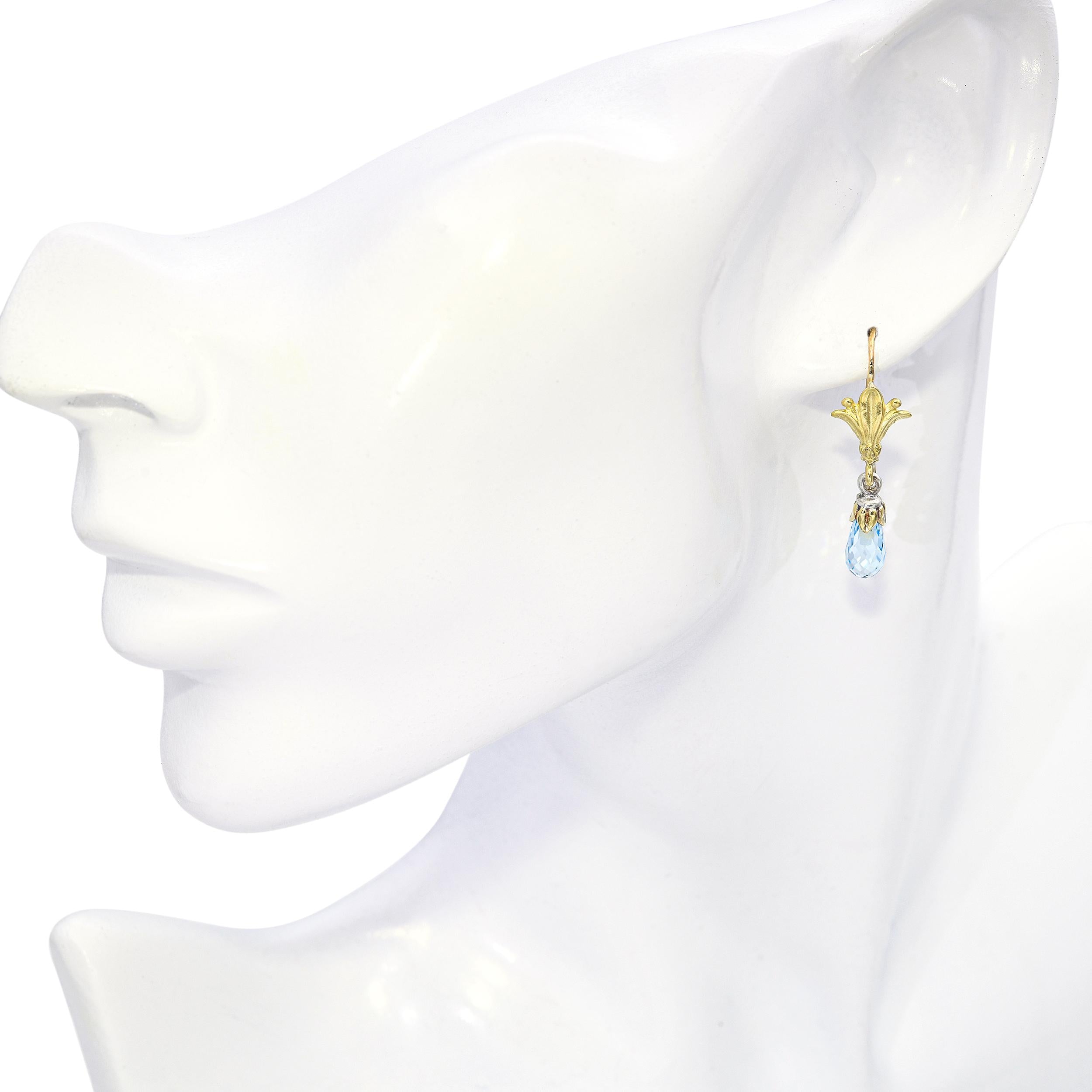 18k Two-Tone Gold Fleur-Di-Lis Blue Topaz Briolette Earrings