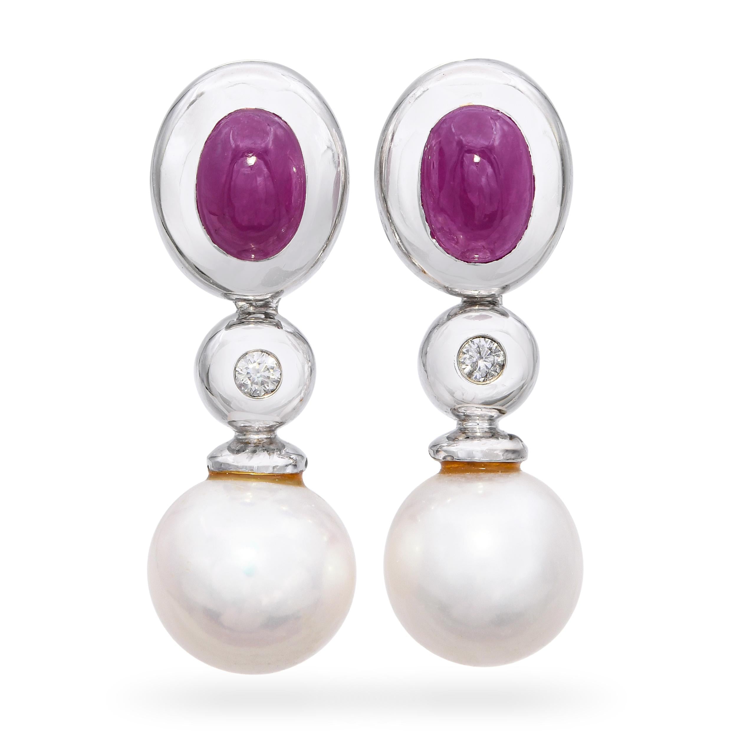 14k White Gold Ruby, Diamond and Pearl Drop Earrings