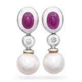 14k White Gold Ruby, Diamond and Pearl Drop Earrings
