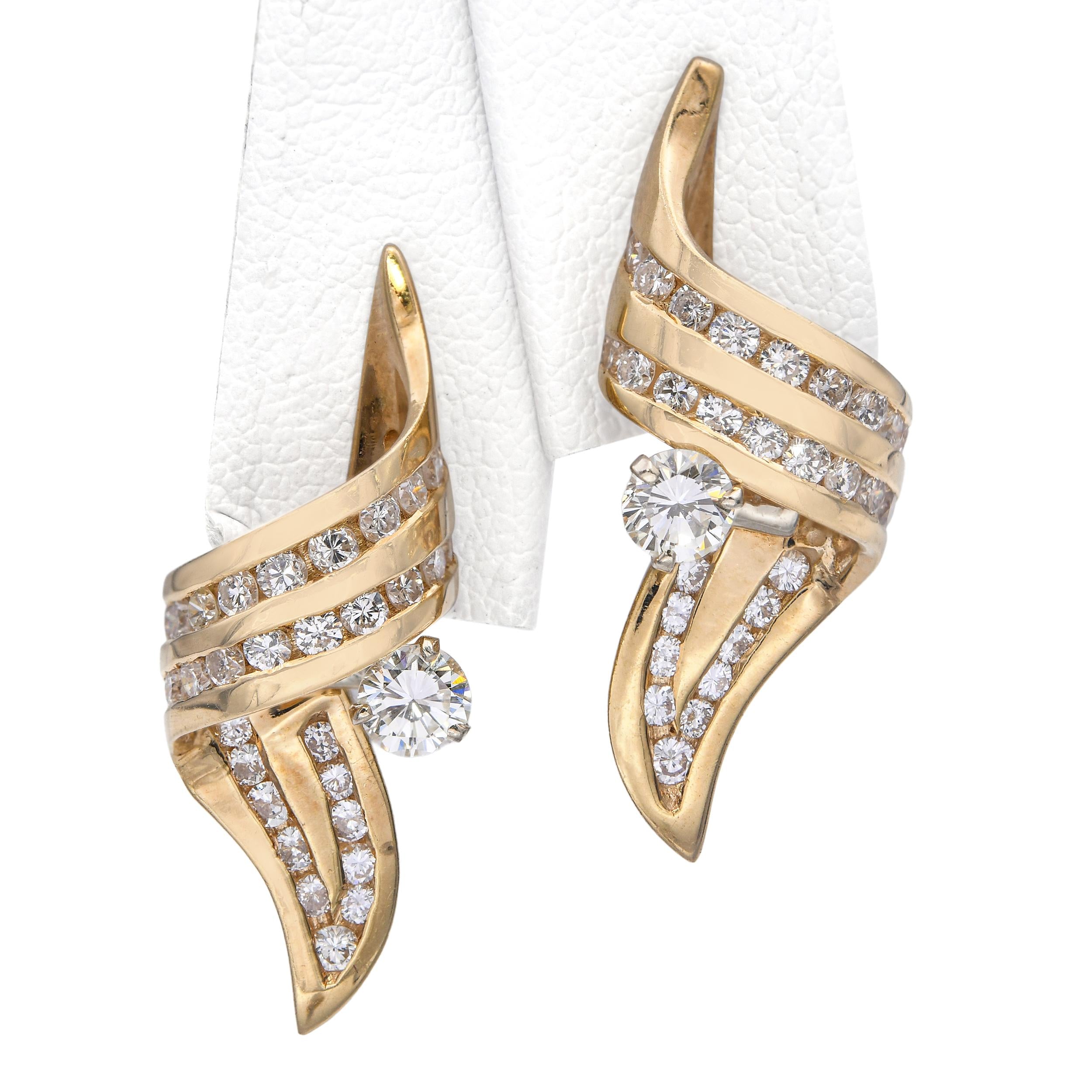 Vintage 14k Yellow Gold 1.26tcw Diamond Ribbon Earrings