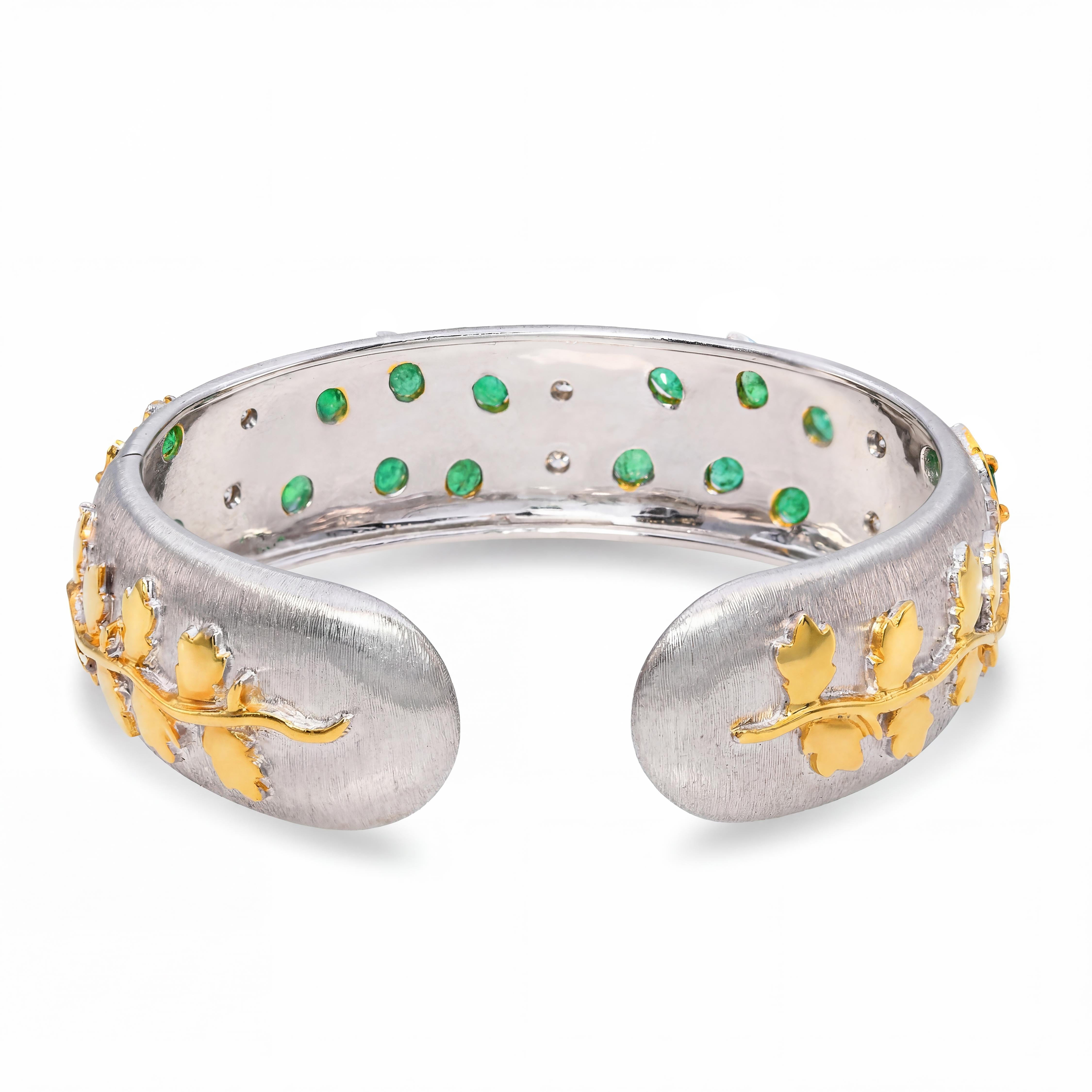 18k Brushed Two Tone Gold Emerald & Diamond Hinged Cuff Bracelet