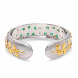 18k Brushed Two Tone Gold Emerald & Diamond Hinged Cuff Bracelet