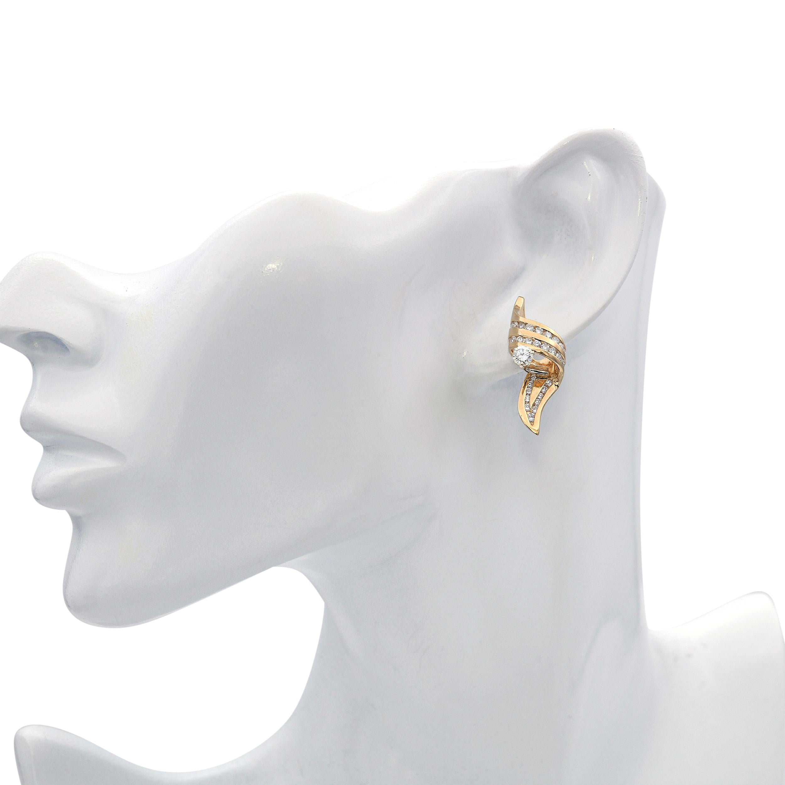 Vintage 14k Yellow Gold 1.26tcw Diamond Ribbon Earrings